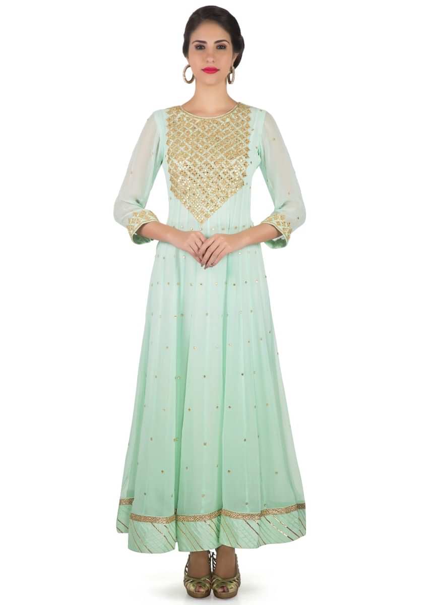 Sea blue anarkali suit in georgette with sequin embroidered placket only on Kalki