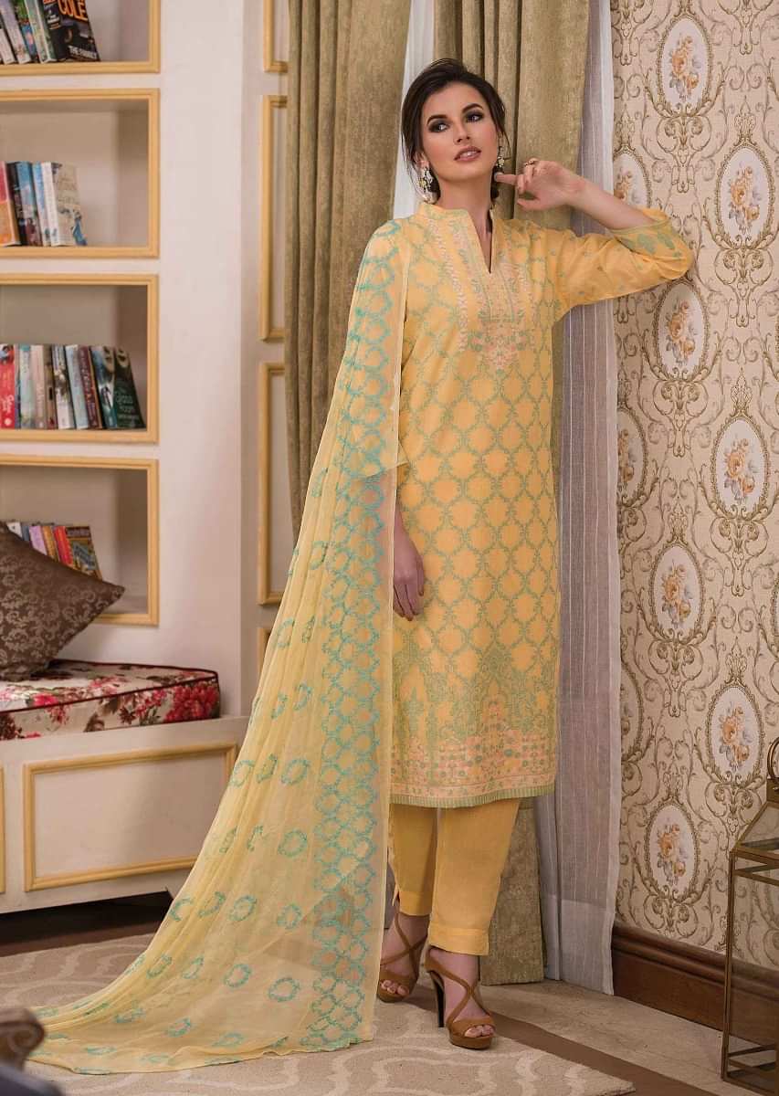 Yellow sale unstitched suit