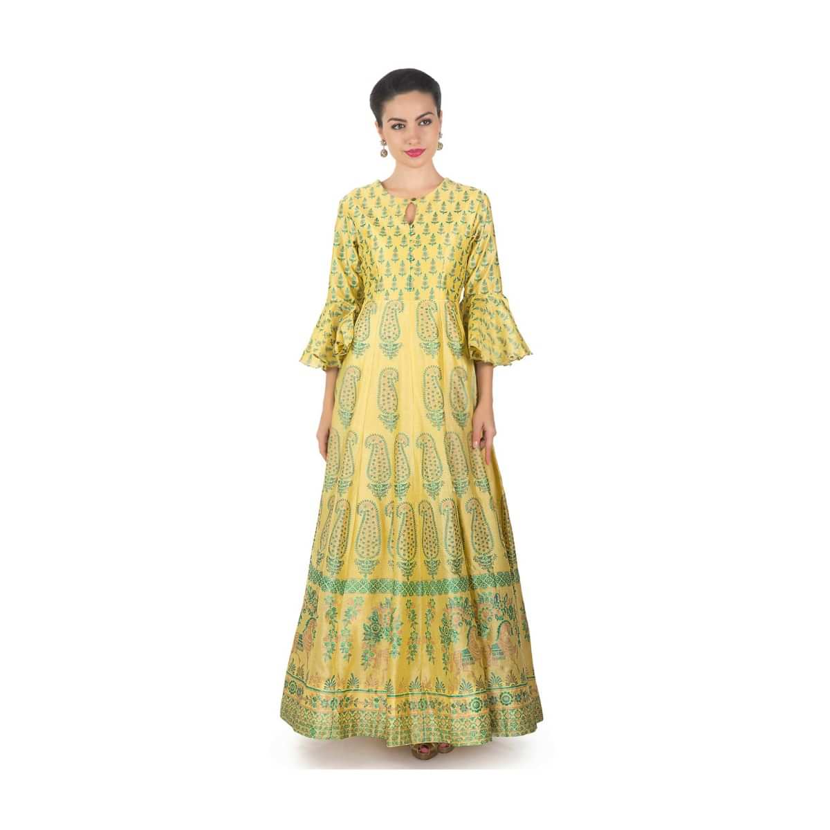Light yellow long dress in floral printed kali only on Kalki