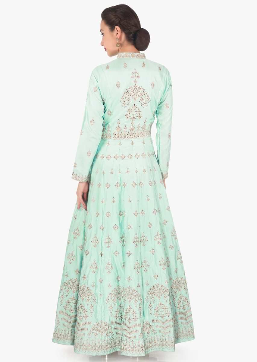 Light blue anarkali suit in raw silk with zari embroidered butti all over only on Kalki