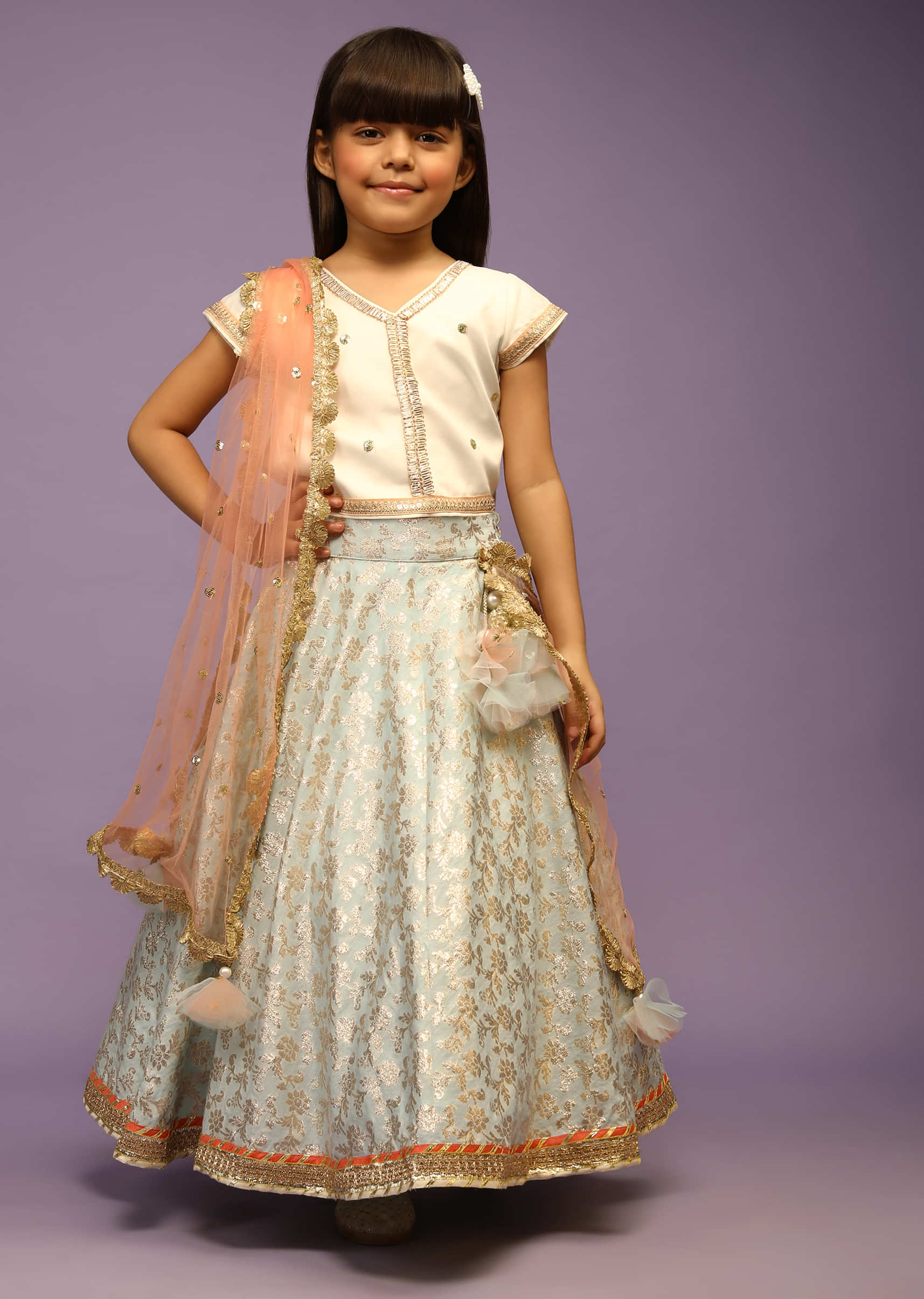 Kalki Girls Light Blue Lehenga In Brocade Silk With Weaved Floral Jaal And Off White Choli