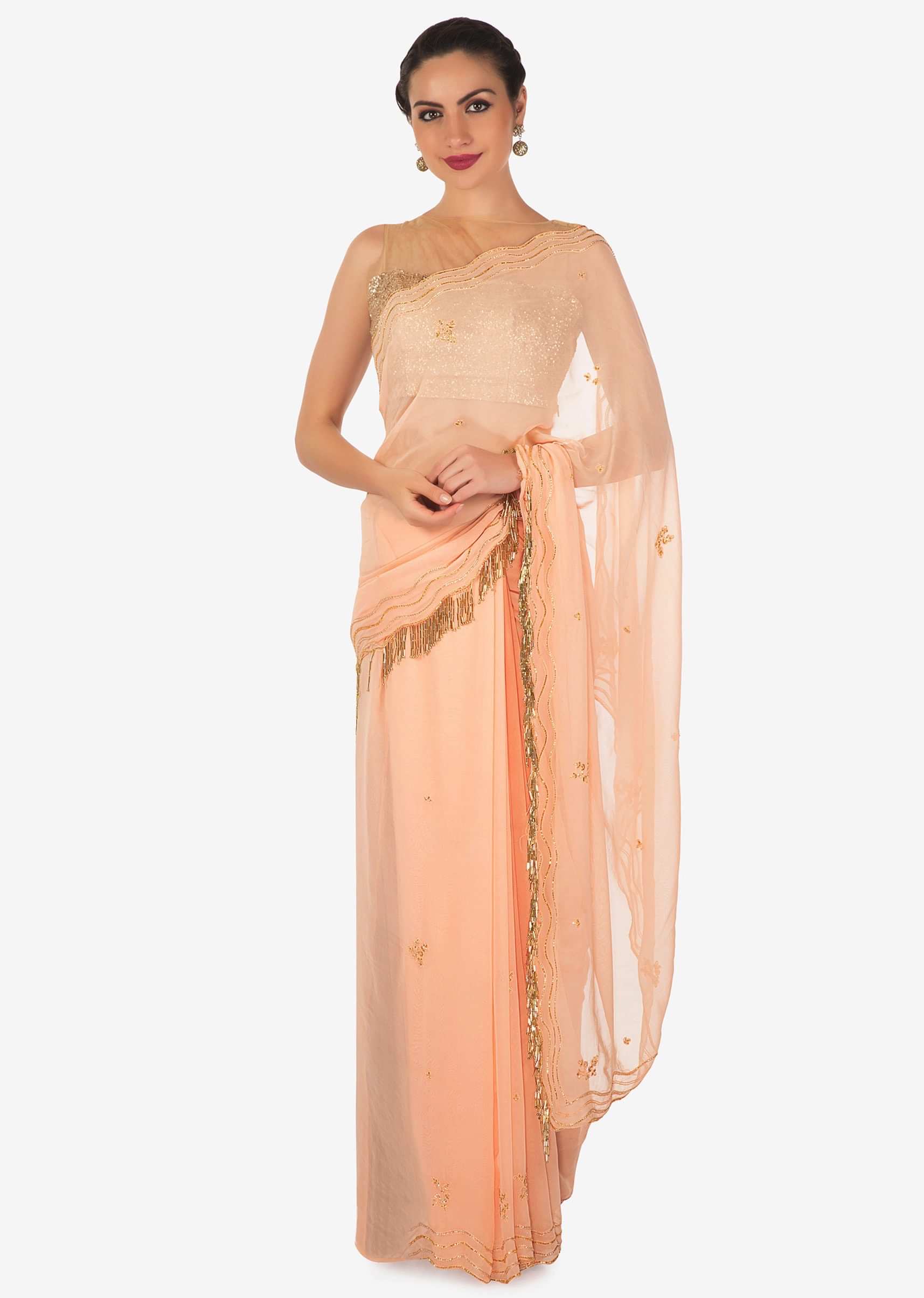 Light Peach Saree In Cut Dana Border With Fancy Tassel Online - Kalki Fashion
