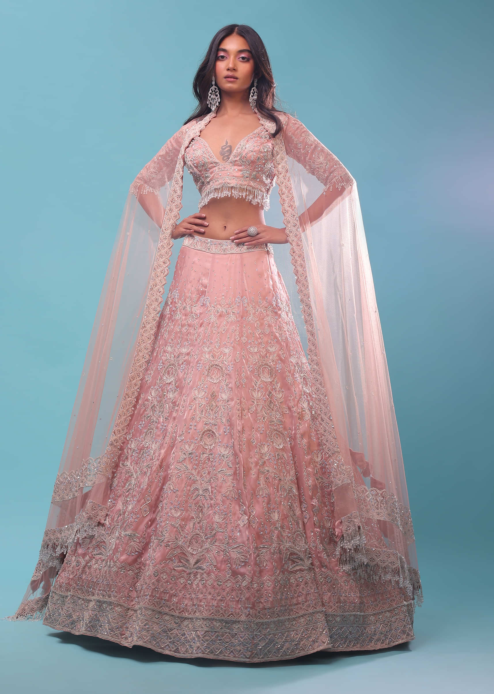 Light Pink Organza Lehenga And Crop Top With Sequins Embroidery