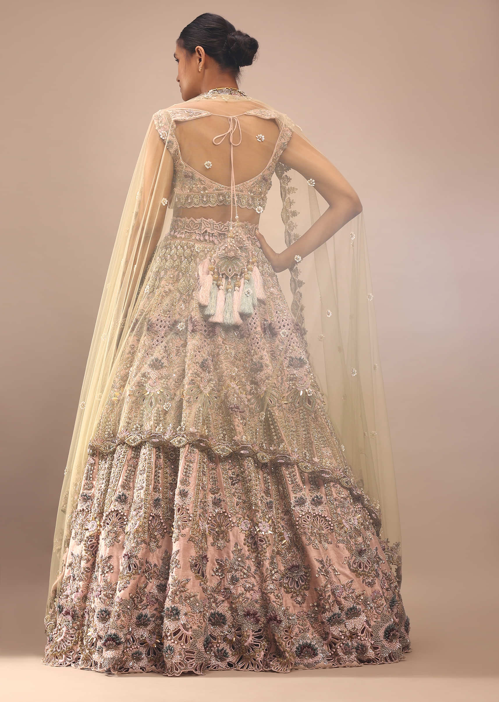 Light Pink Lehenga Choli With Multi Colored 3D Embroidered Kalis In Floral And Scallop Motifs