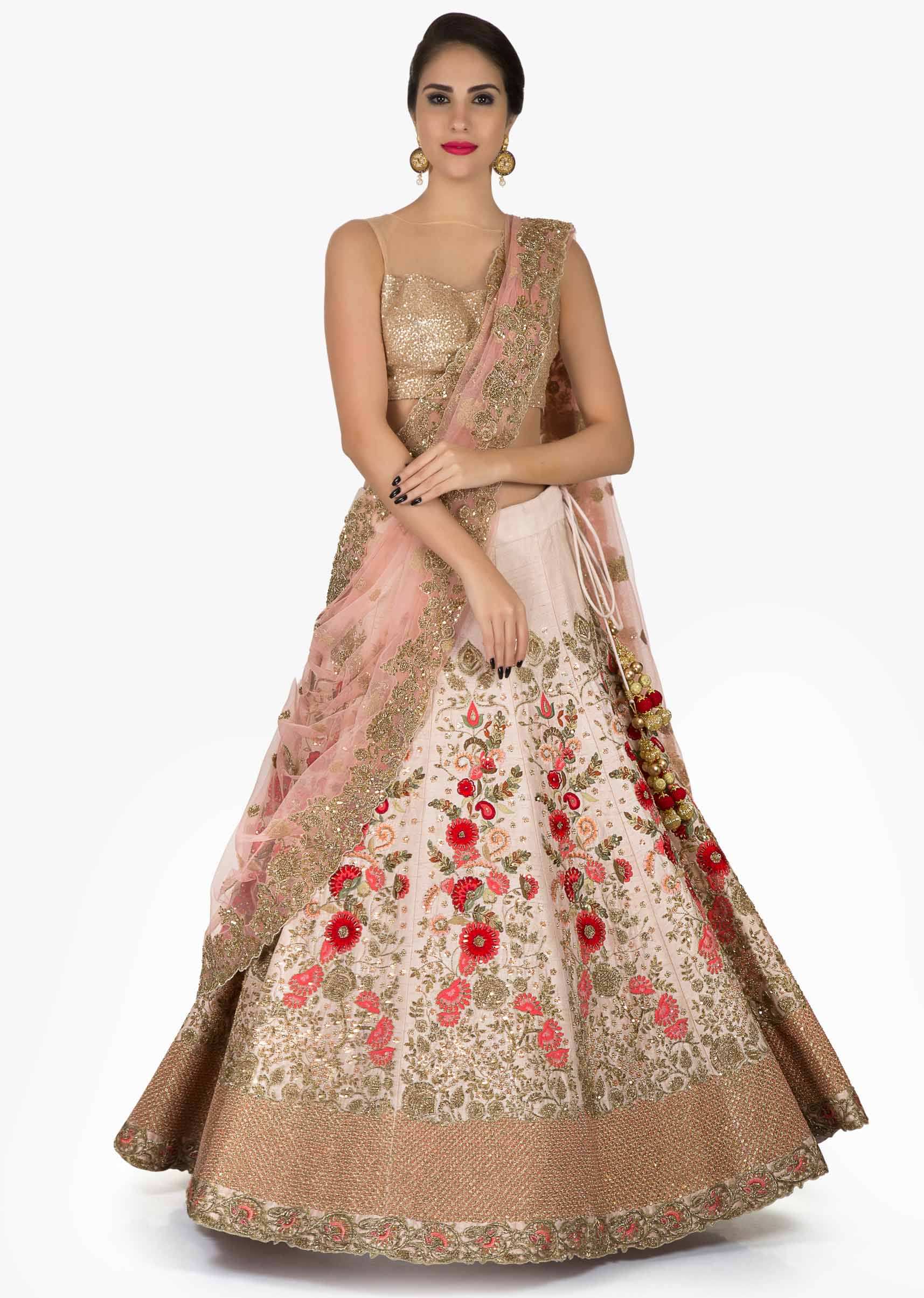 Light Pink Lehenga In Silk With A Net Dupatta Embellished In Resham And Zardosi Work Online - Kalki Fashion
