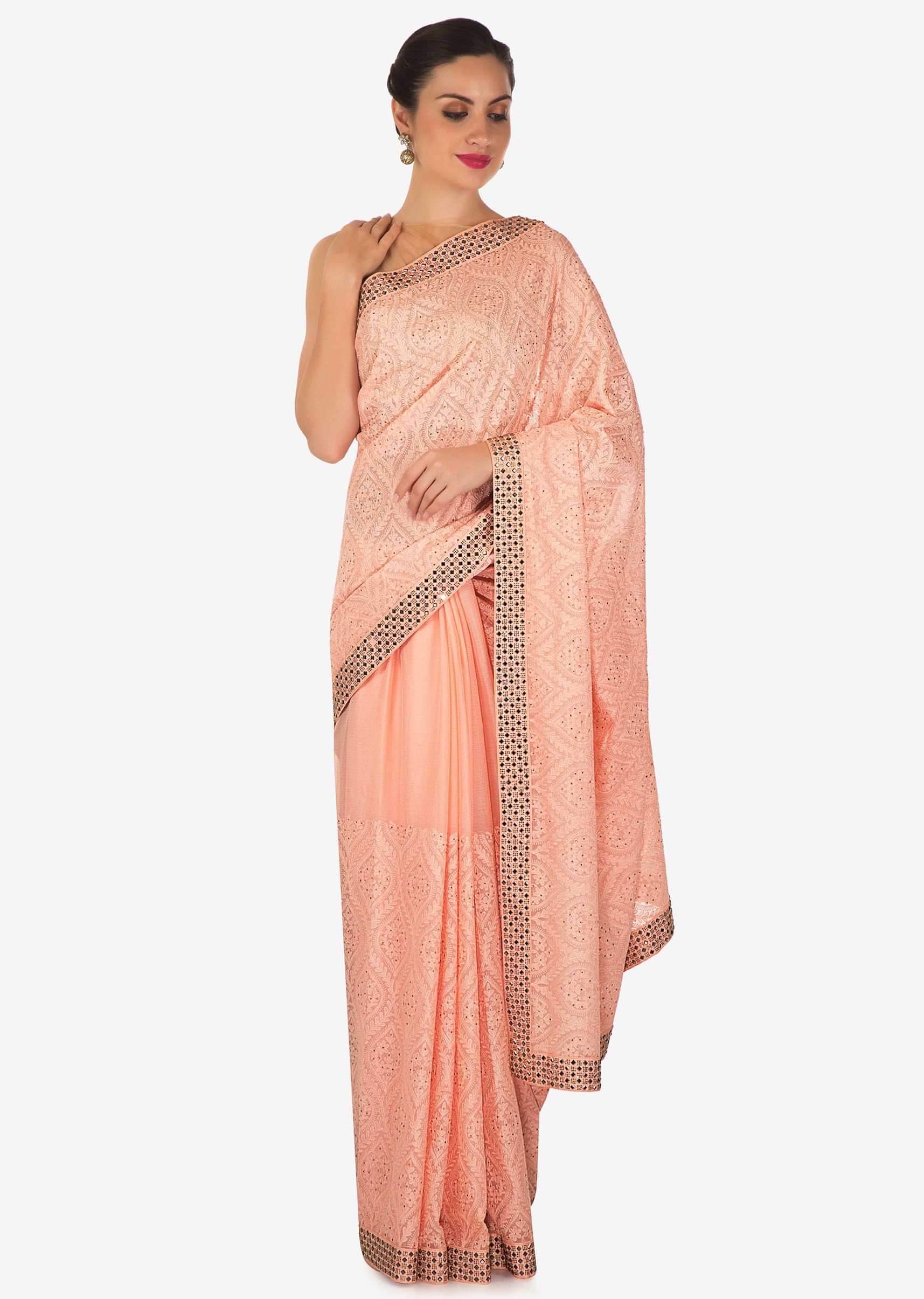 Light pink saree in georgette with thread and kundan work only on Kalki
