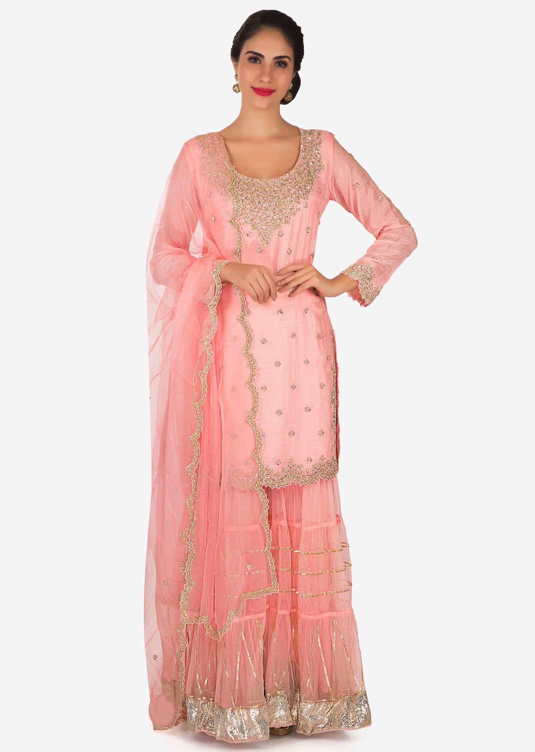 Light pink straight suit with palazzo pant in cut dana and french knot embroidery only on Kalki