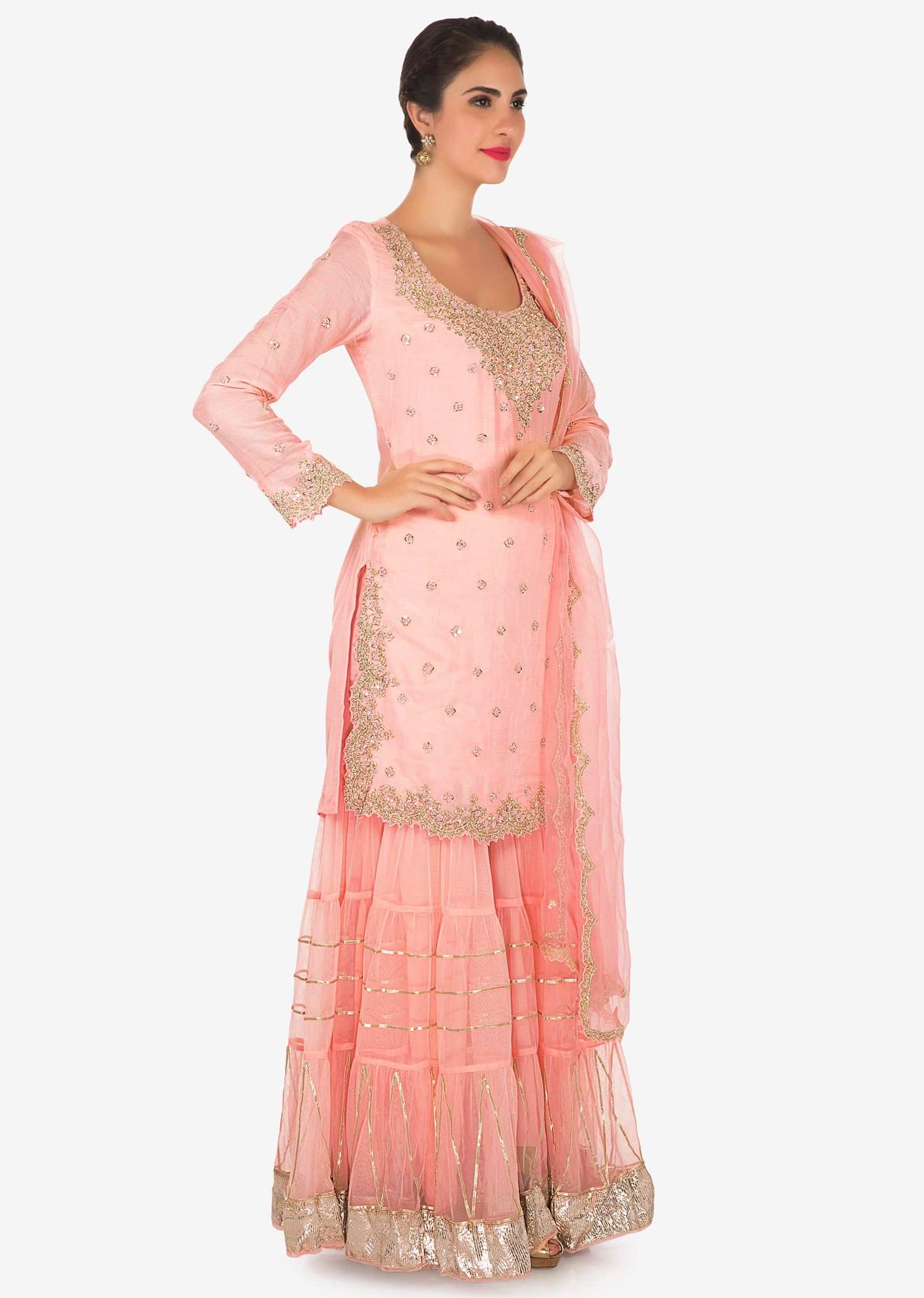 Light pink straight suit with palazzo pant in cut dana and french knot  embroidery only on