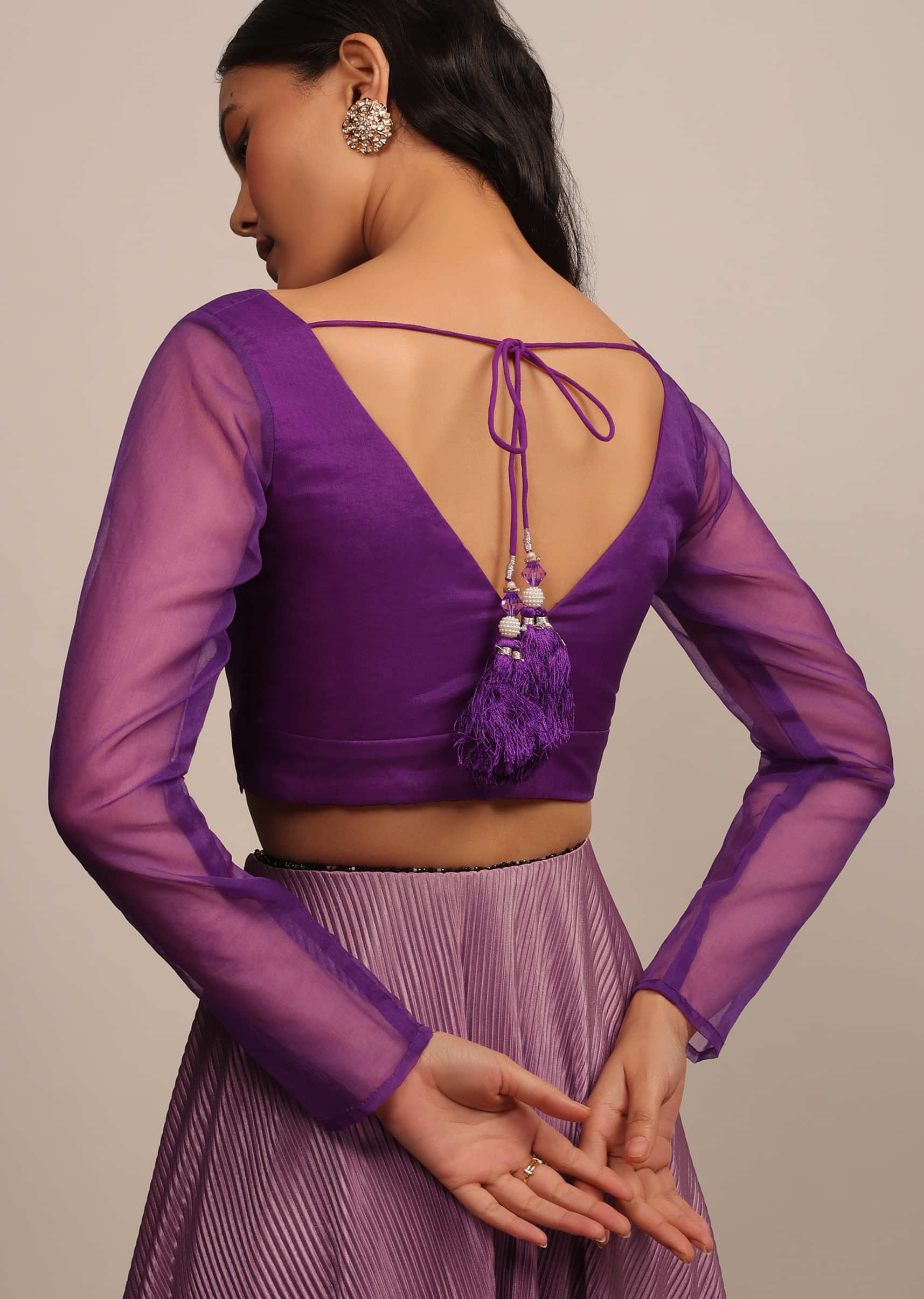 Silk Purple V Neck Designer Blouse With Lace, Violet Posh