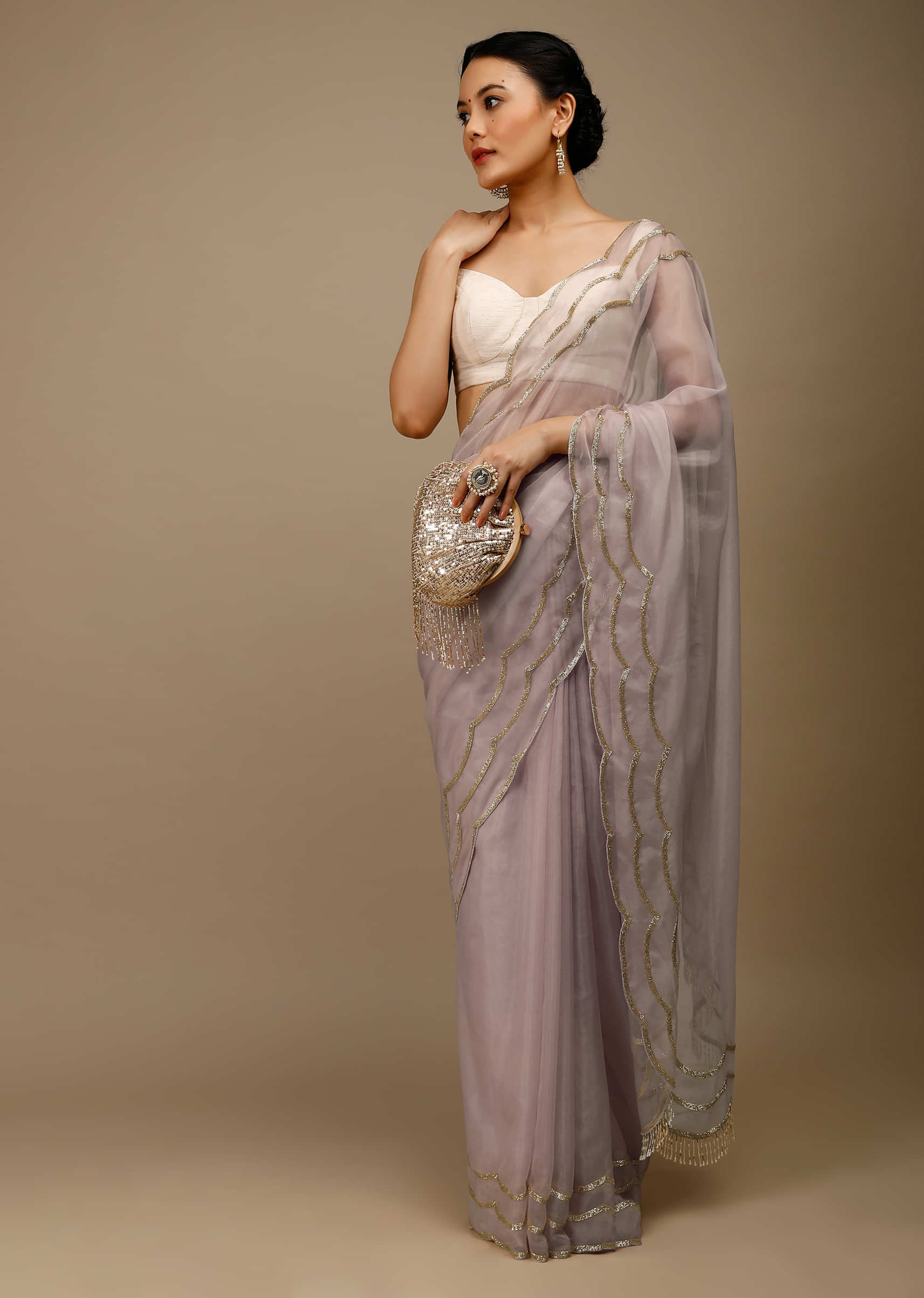 Lilac Ash Saree In Organza With Cut Dana Embroidered Scallop Cut Border And Moti Fringes On The Pallu  