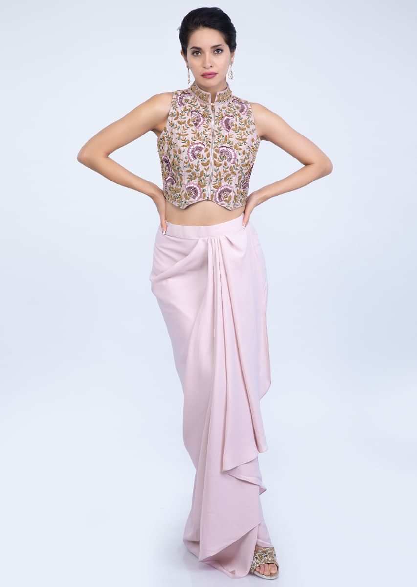 Lilac Skirt With Fancy Drape And Heavy Embroidered Crop Top In Raw Silk Online - Kalki Fashion