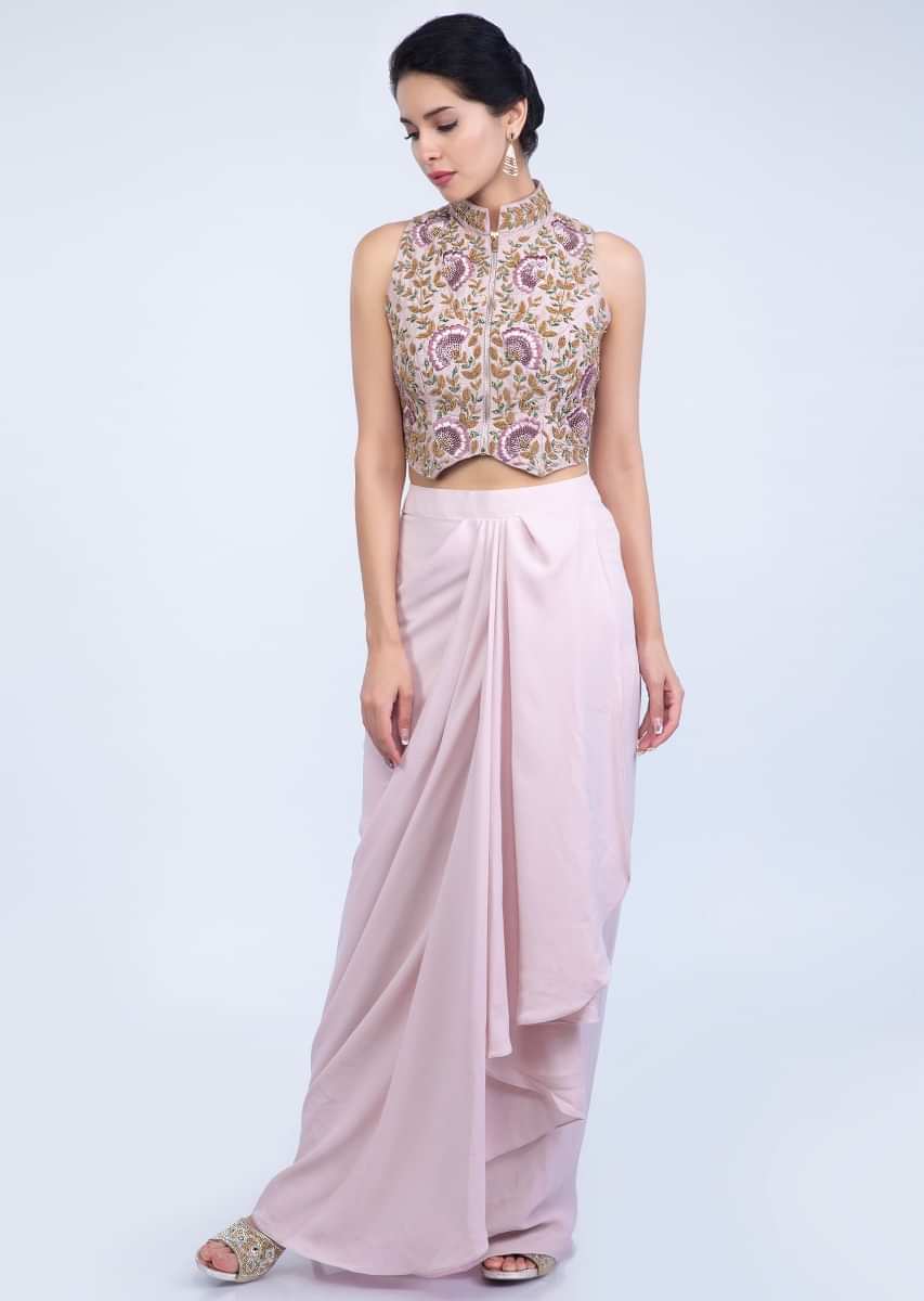 Lilac Skirt With Fancy Drape And Heavy Embroidered Crop Top In Raw Silk Online - Kalki Fashion