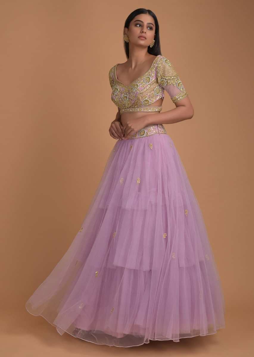 Lilac Lehenga In Net With Floral Buttis And Crop Top With Jaal Embroidery 