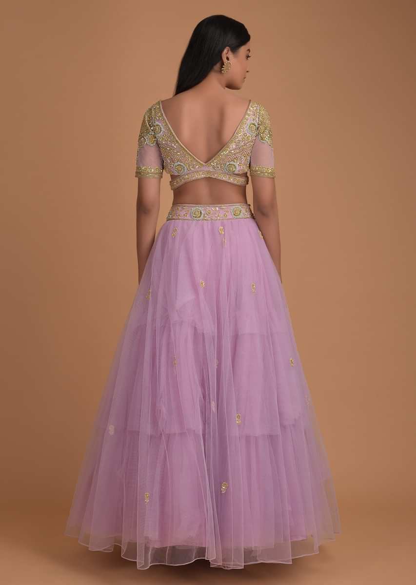 Lilac Lehenga In Net With Floral Buttis And Crop Top With Jaal Embroidery 