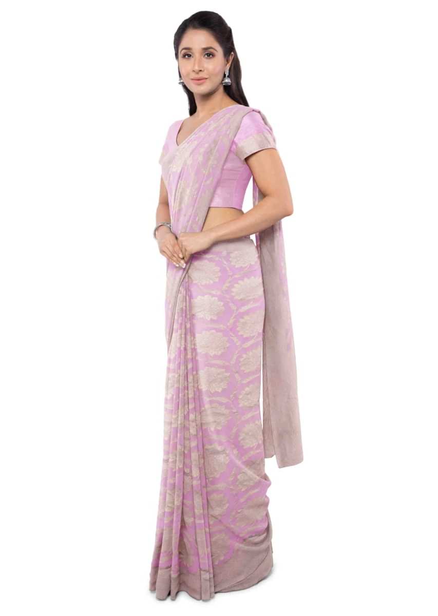 Buy Rani Pink Banarasi Silk Saree With Floral Motif Pallu And Unstitched  Blouse Piece Kalki Fashion India