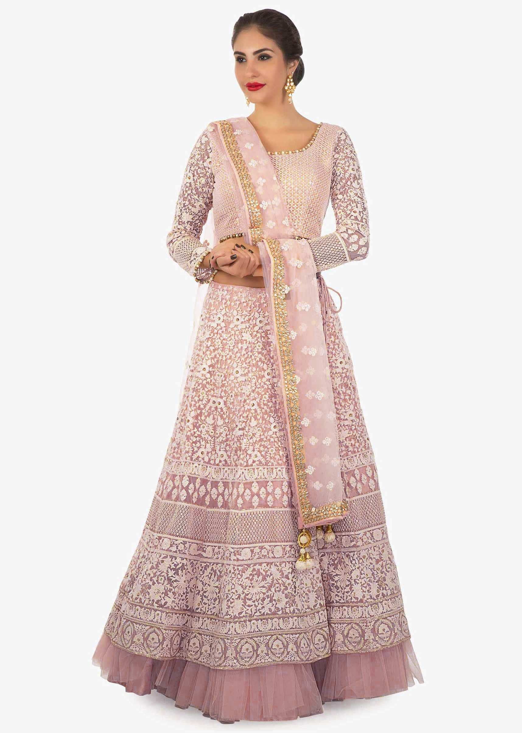 Lilac pink net lehenga set  embellished in thread work