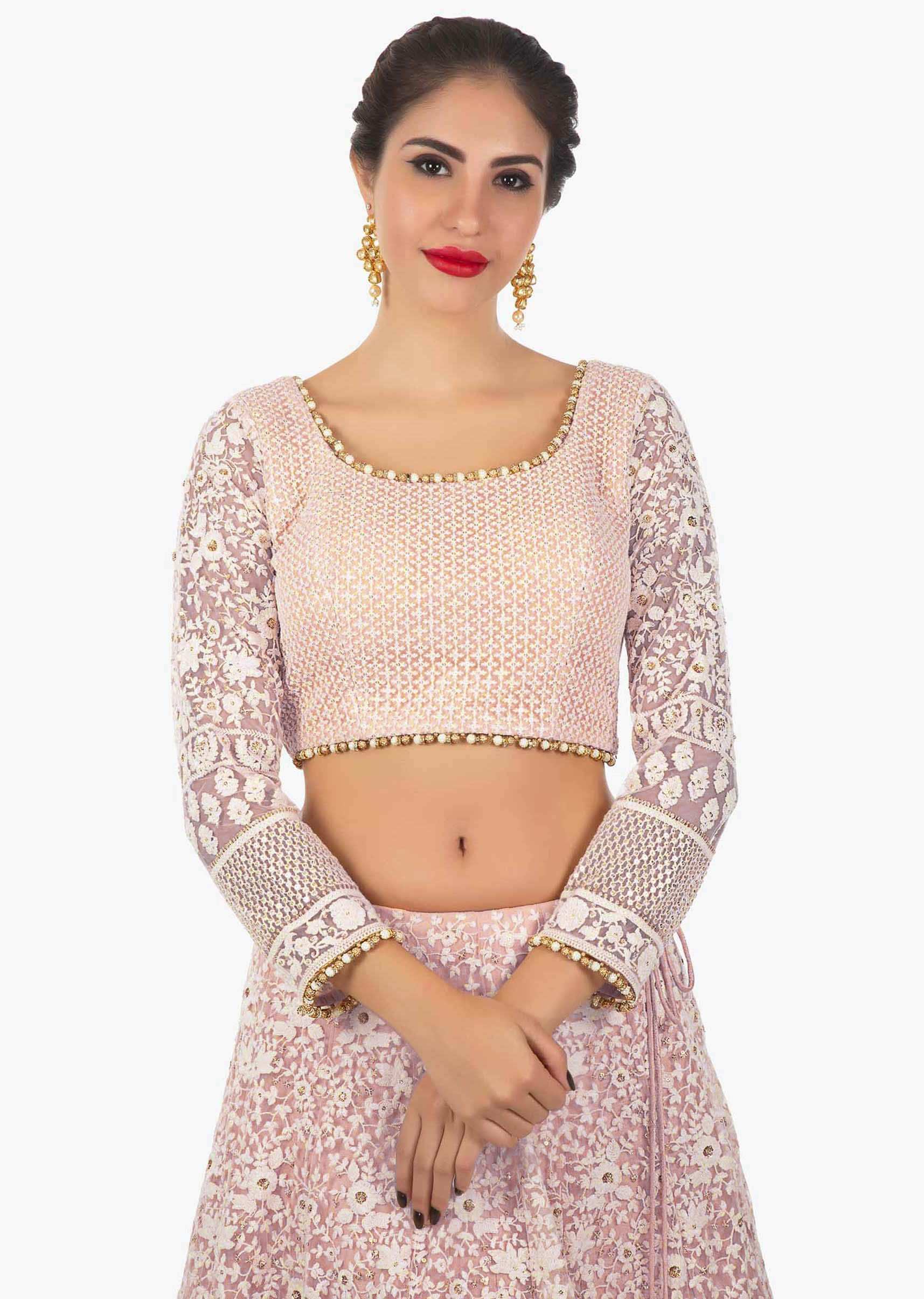 Lilac pink net lehenga set  embellished in thread work