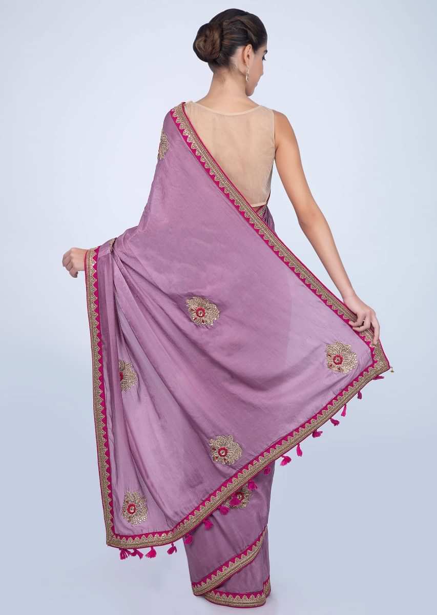 Lilac silk saree with embroidered butti and border only on kalki