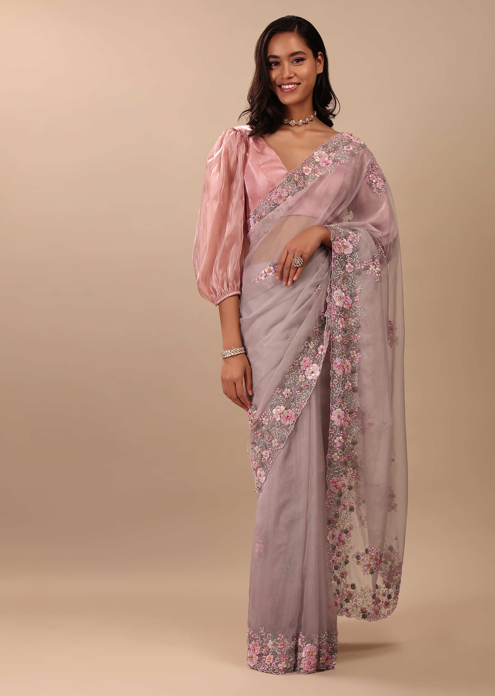 Ash Purple Saree In Organza With Floral Embroidery In Moti, Thread & Cut Dana