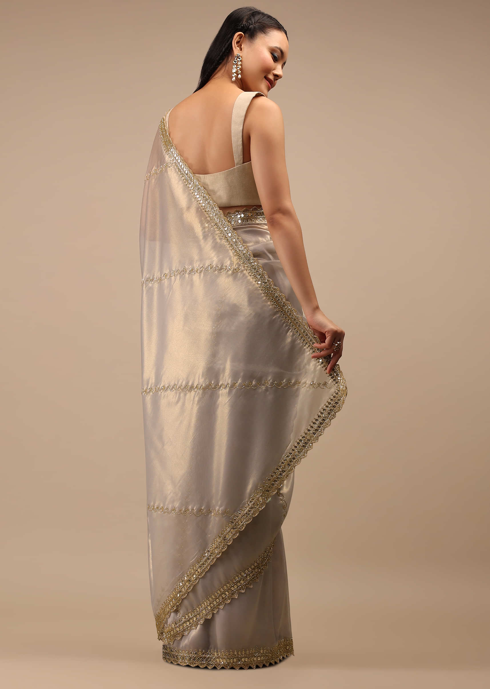 Lilac Grey Glass Tissue Saree In Golden Cut Dana Embroidery Buttis, Cutwork Detailing On The Border With Cut Dana Embroidery