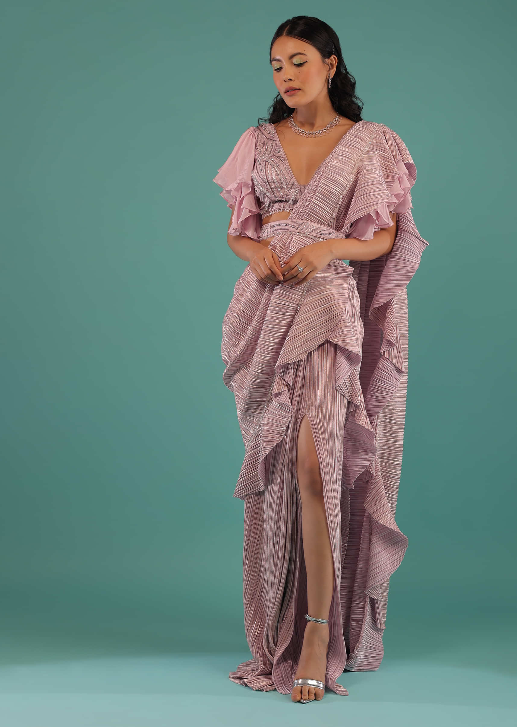 Lilac Ice Ready Pleated Ruffle Saree With A Cut Dana And Resham Embroidered Blouse Featuring Ruffle Sleeves
