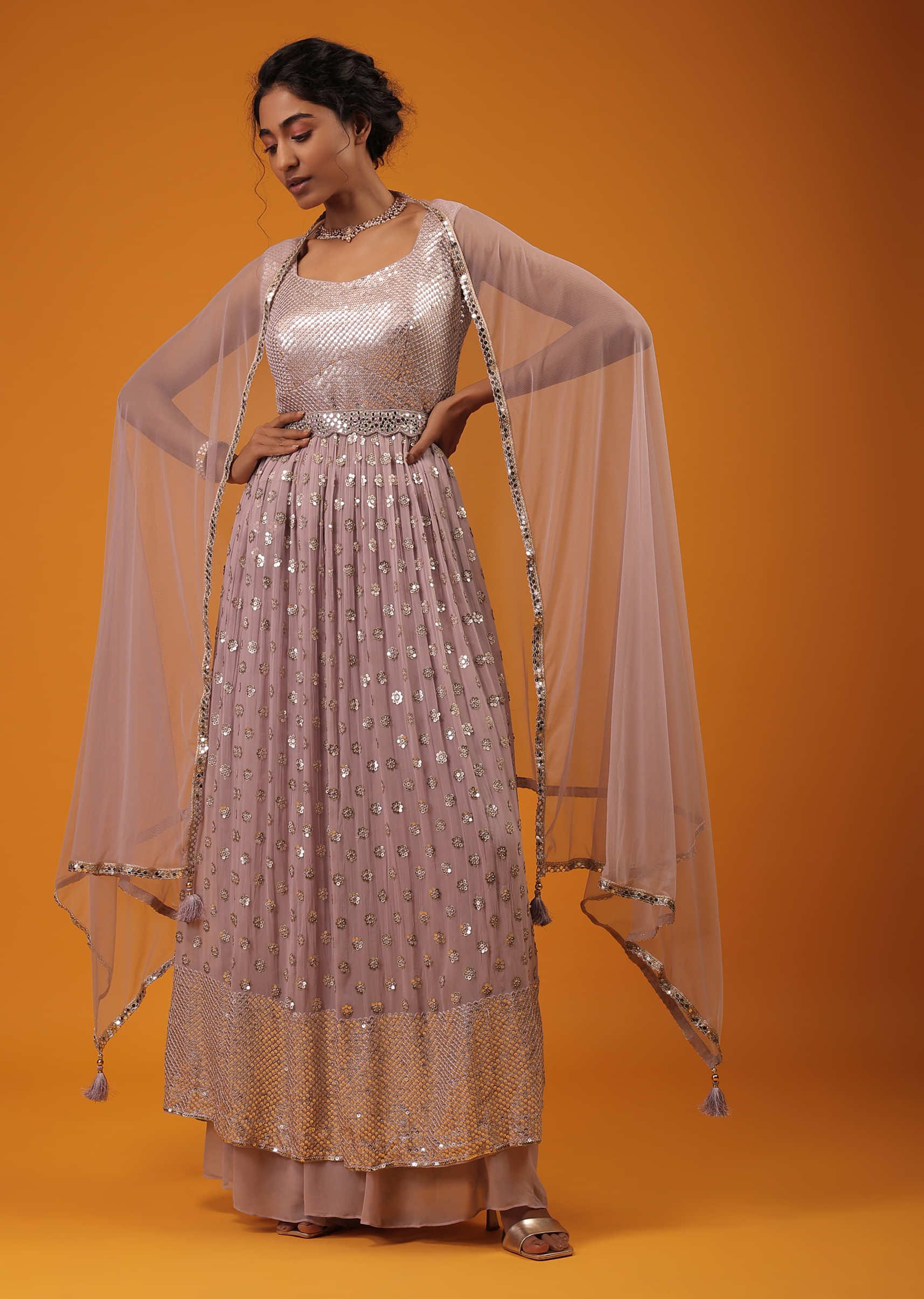 Lilac Kurta And Palazzo Set Made In Georgette With Sequins And Abla Work On The Bodice