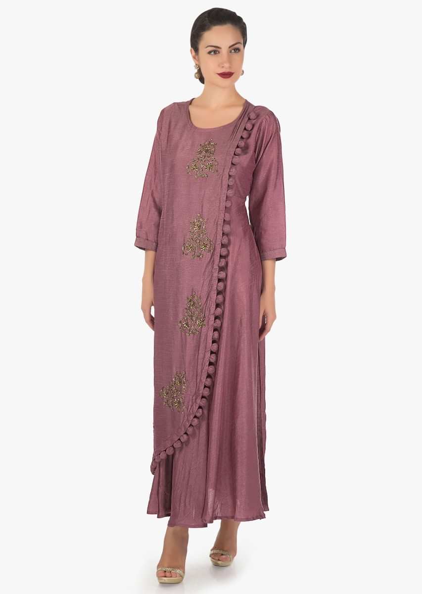 Lilac pink long over lapping kurti in embroidered butti and fancy tassel only on Kalki