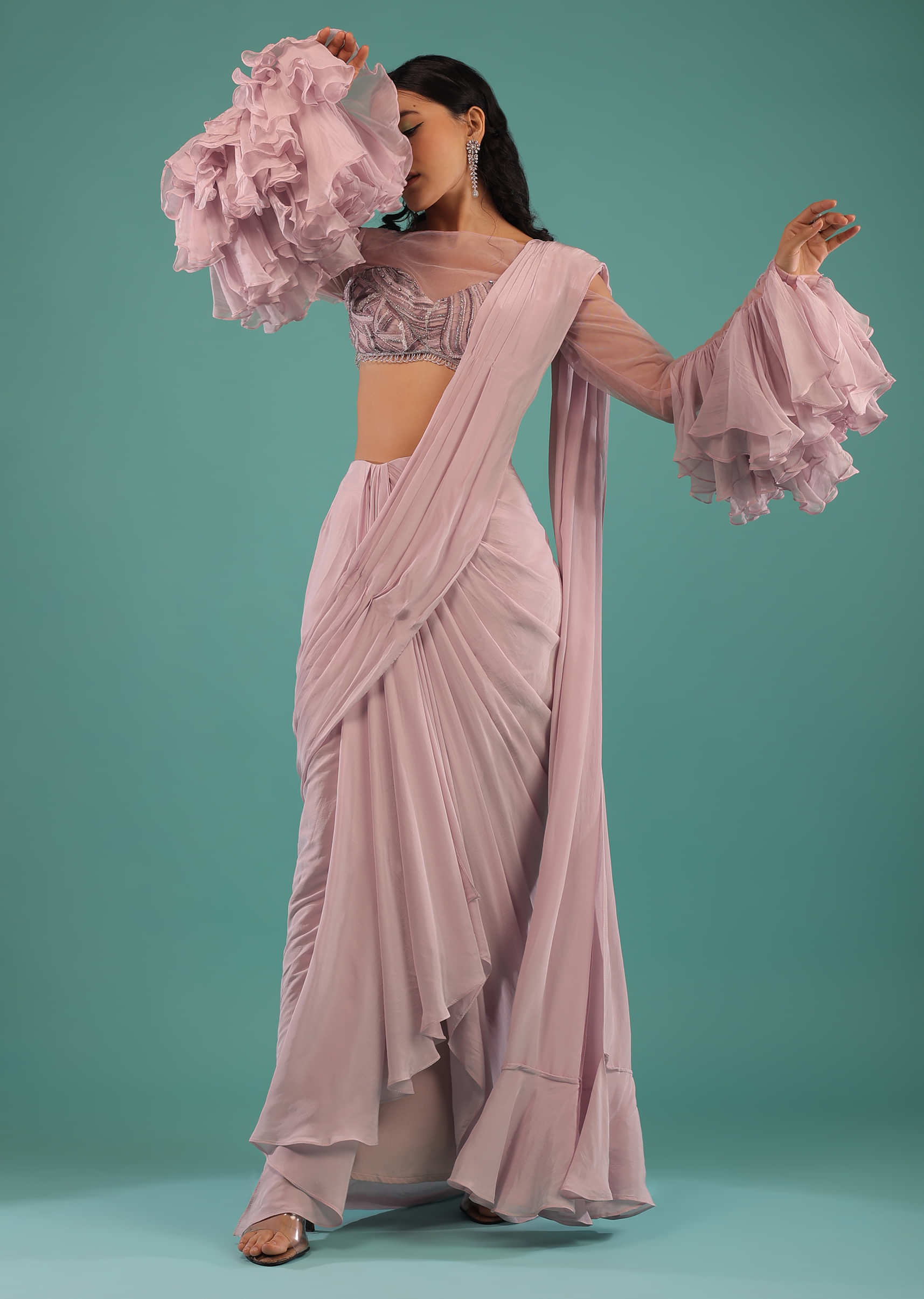 Lilac Snow Draped Ready Pleated Saree With A Cut Dana Embroidered Blouse Featuring Elaborate Ruffle Sleeves