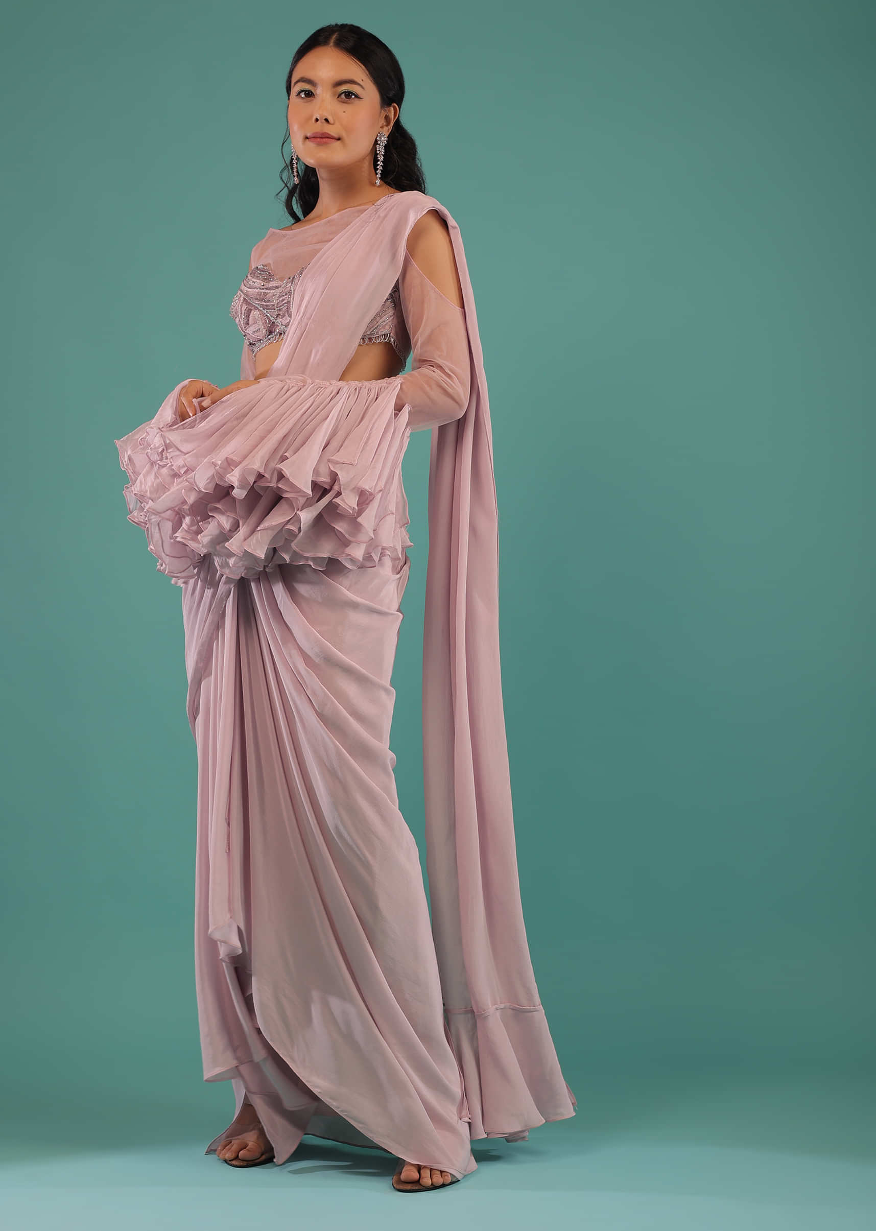 Lilac Snow Draped Ready Pleated Saree With A Cut Dana Embroidered Blouse Featuring Elaborate Ruffle Sleeves