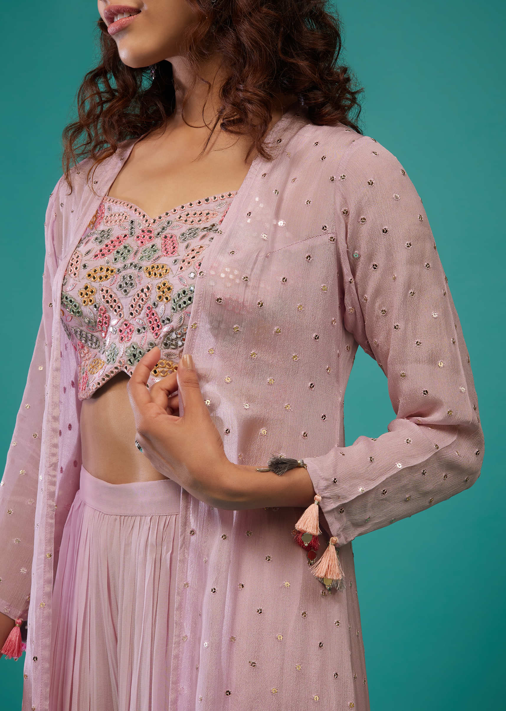 Powder Pink Purple Embroidered Palazzo Crop-Top Set In Georgette With Shrug