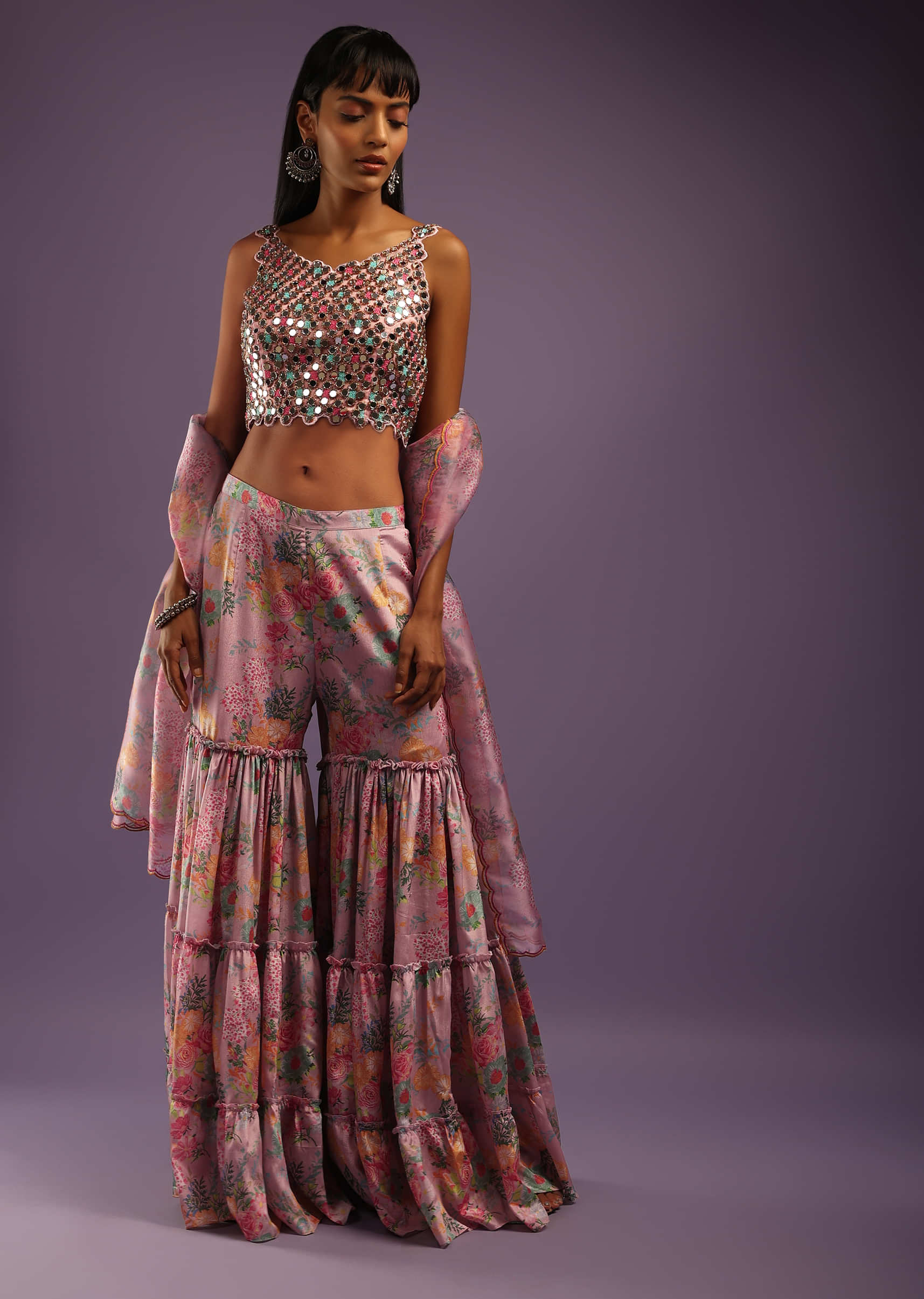 Buy Lilac Snow Sharara And Crop Top Suit With Floral Print And Mirror ...