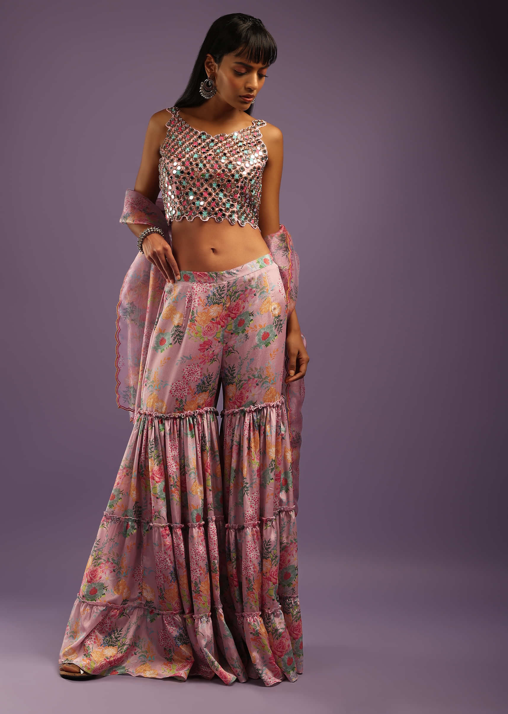 Buy Lilac Snow Sharara And Crop Top Suit With Floral Print And Mirror ...