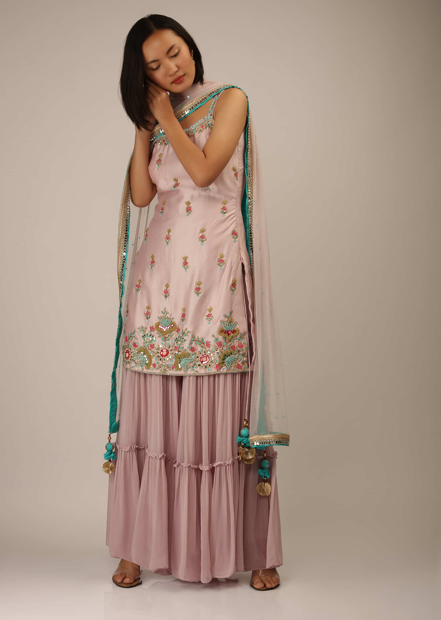 Lilac Snow Sharara Suit In Cotton Silk With Multi Colored 3D Embroidery In Floral Motifs