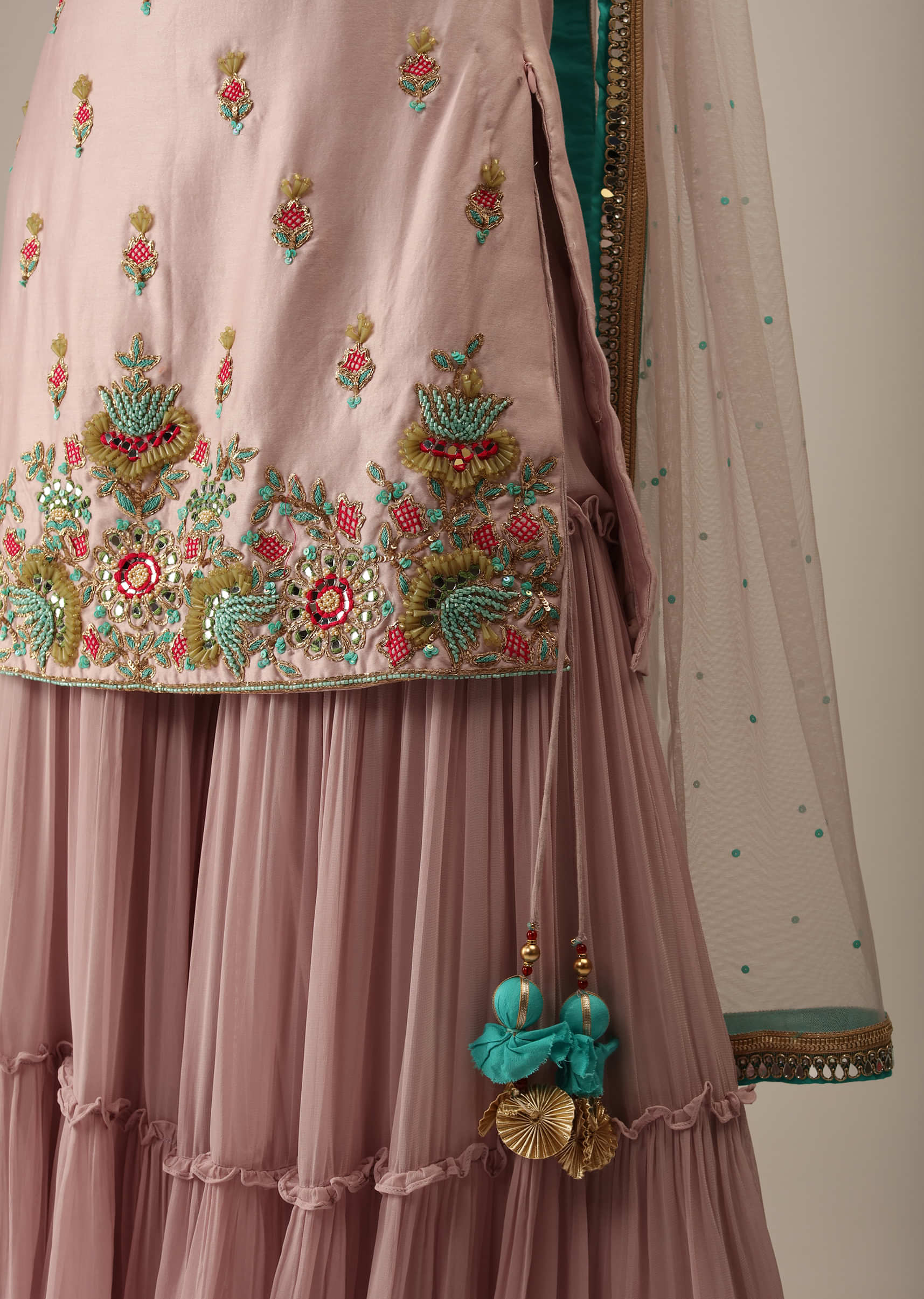Lilac Snow Sharara Suit In Cotton Silk With Multi Colored 3D Embroidery In Floral Motifs