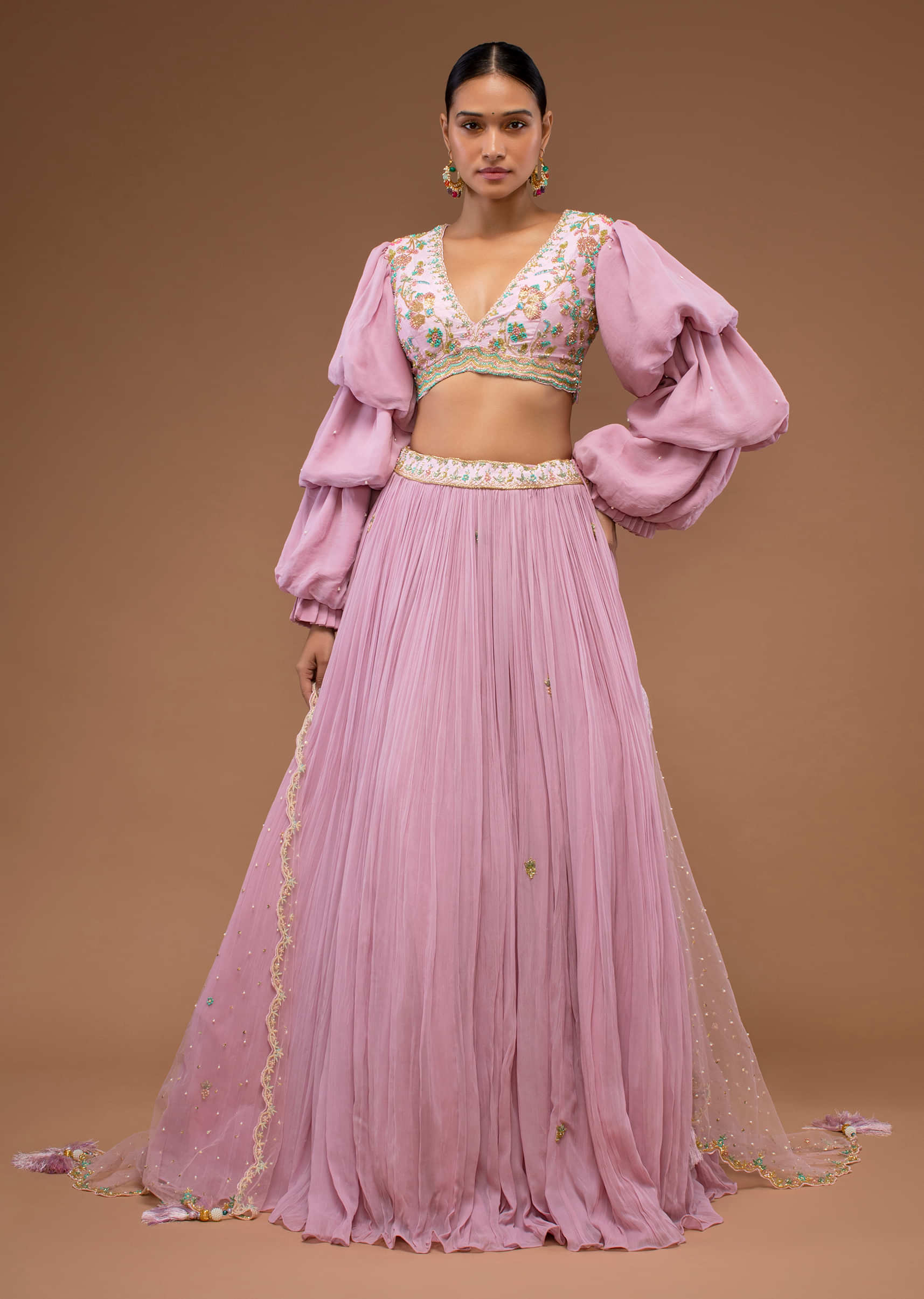 Lilas Lavender Lehenga And A Crop Top Set In Bishop Sleeves, Crafted In Georgette With Two-Toned Cut Dana Embroidery On The Waist Line