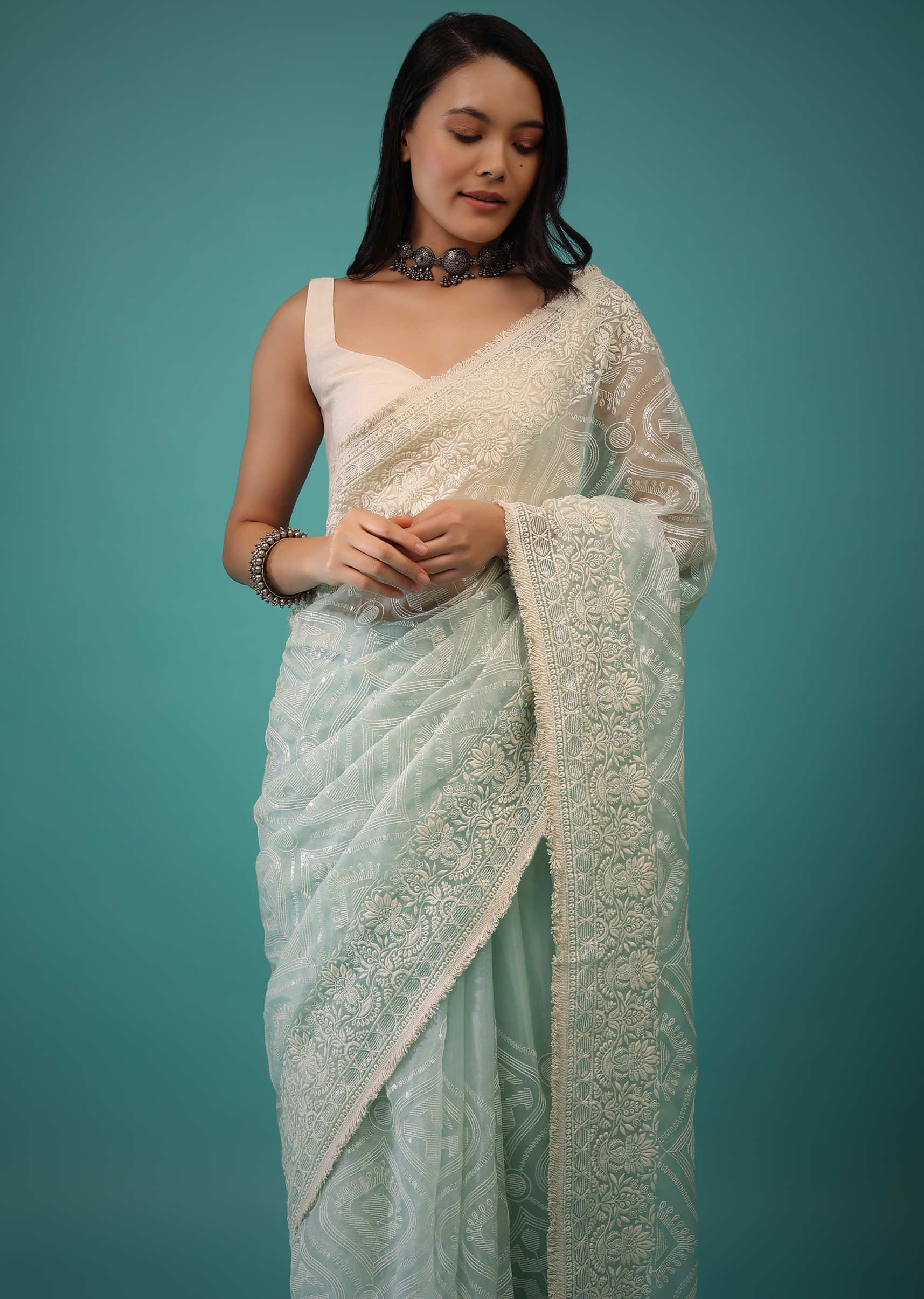 Lily Blue Organza Saree In Moroccan Lucknowi Thread Work, It Has Lacework Fringes On The Border