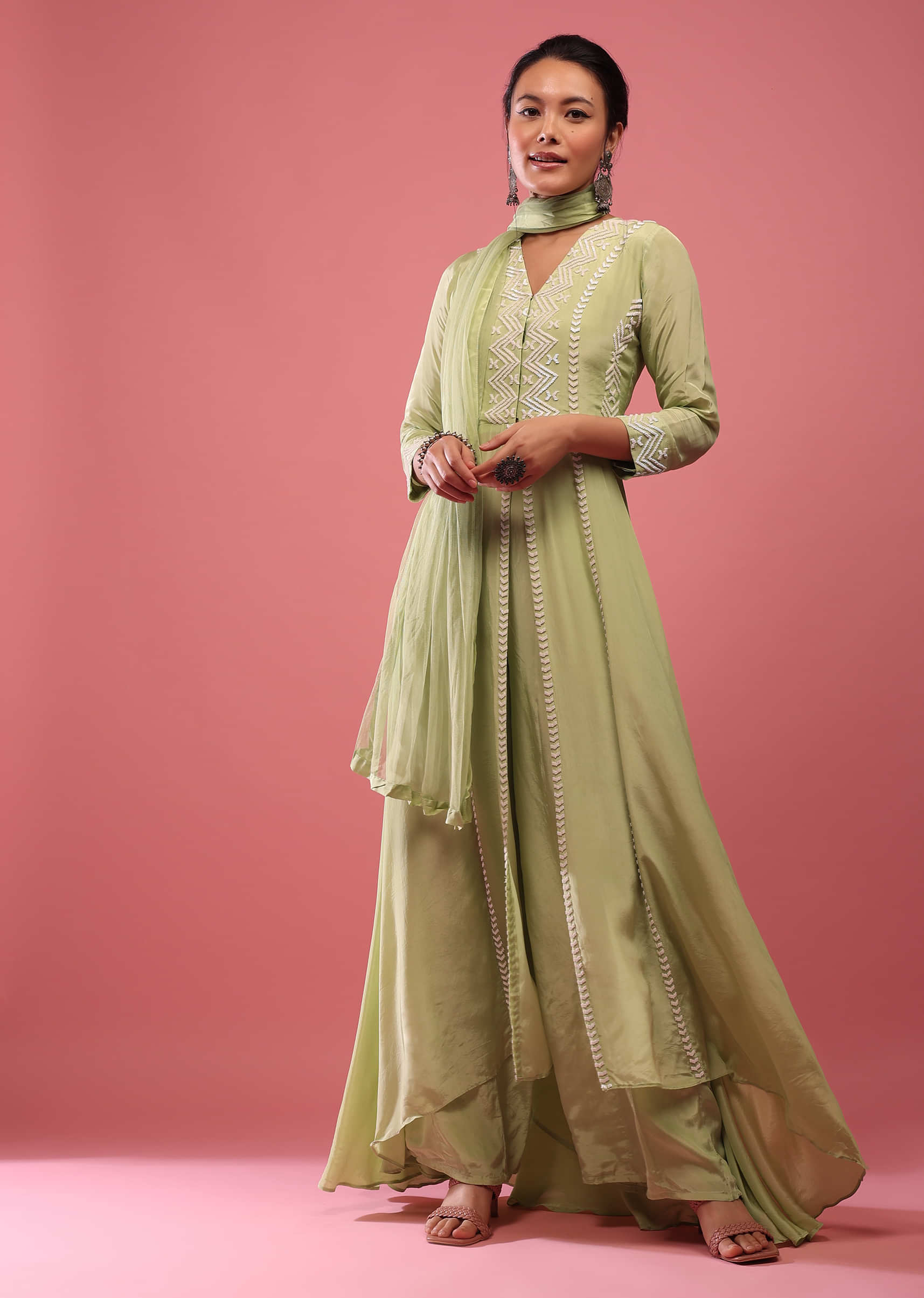 Lily Green Palazzo Suit With Embroidery And A High To Low Front Slit