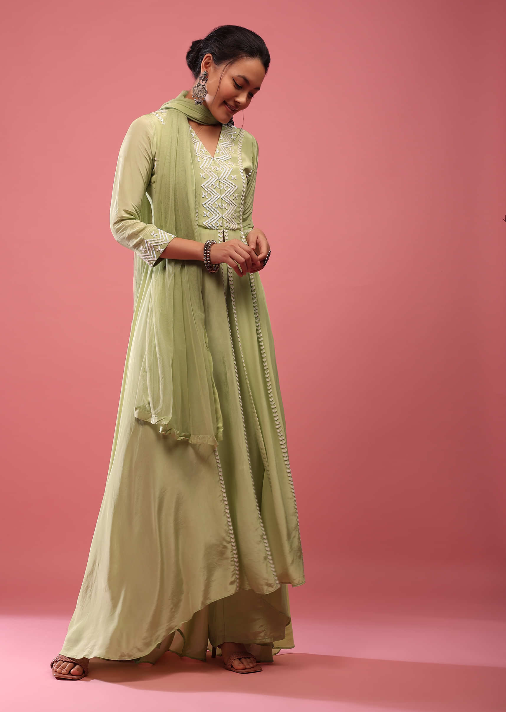 Pista Green Palazzo Suit With Embroidery And A High To Low Front Slit