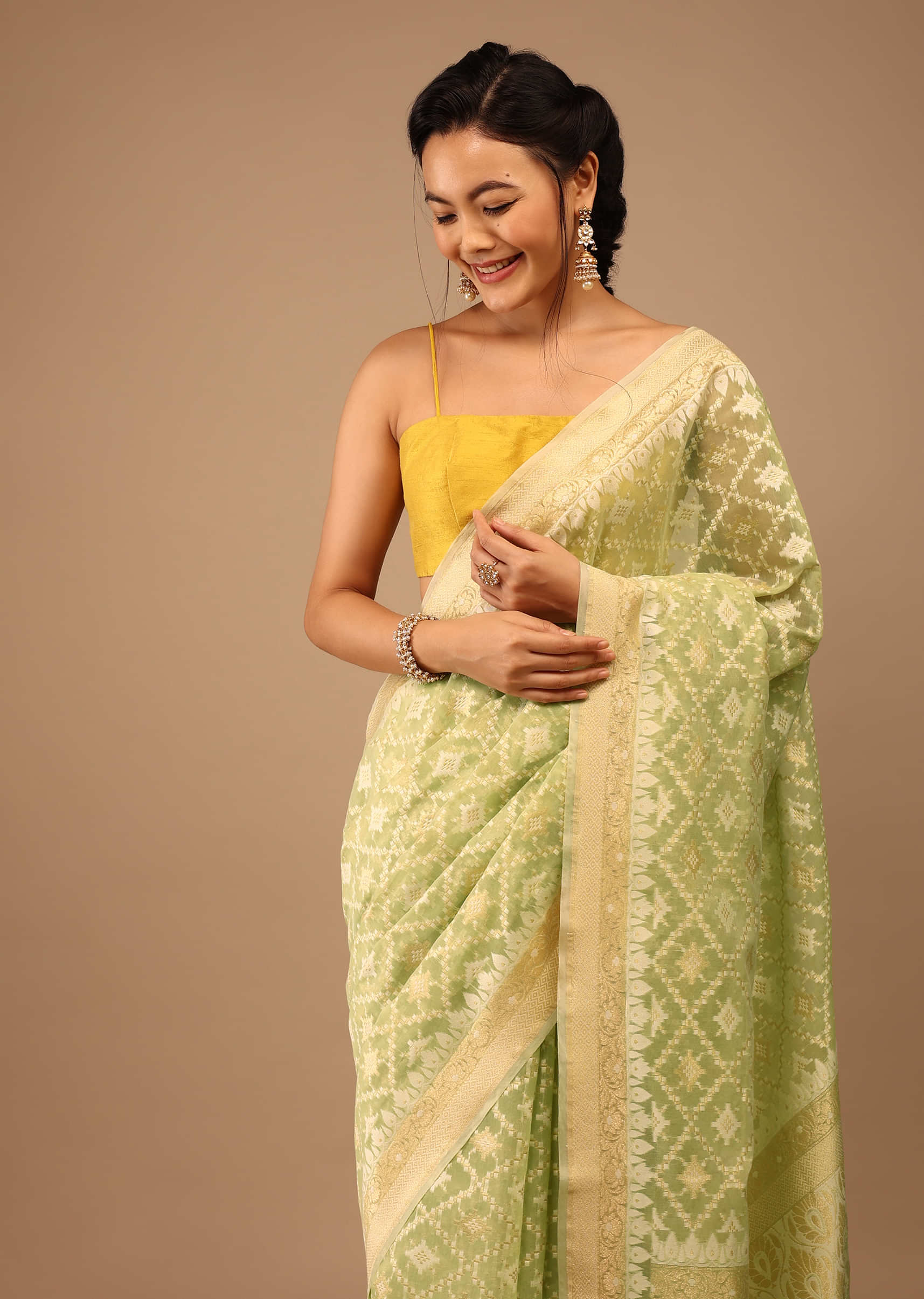 Powder Green Saree In Pure Handloom Cotton With Banarasi Chanderi Weave