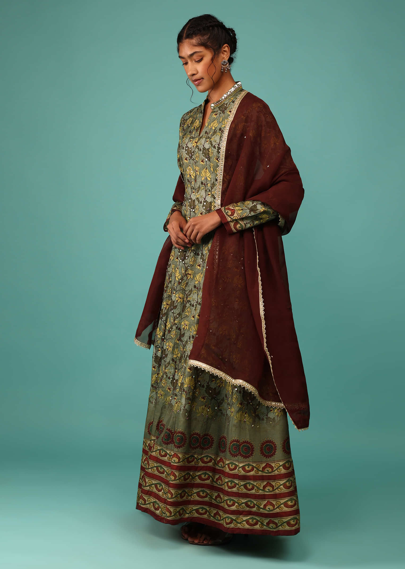 Moss Green Anarkali Suit Set In Raw Silk With Kashmiri Print Work And Embroidery