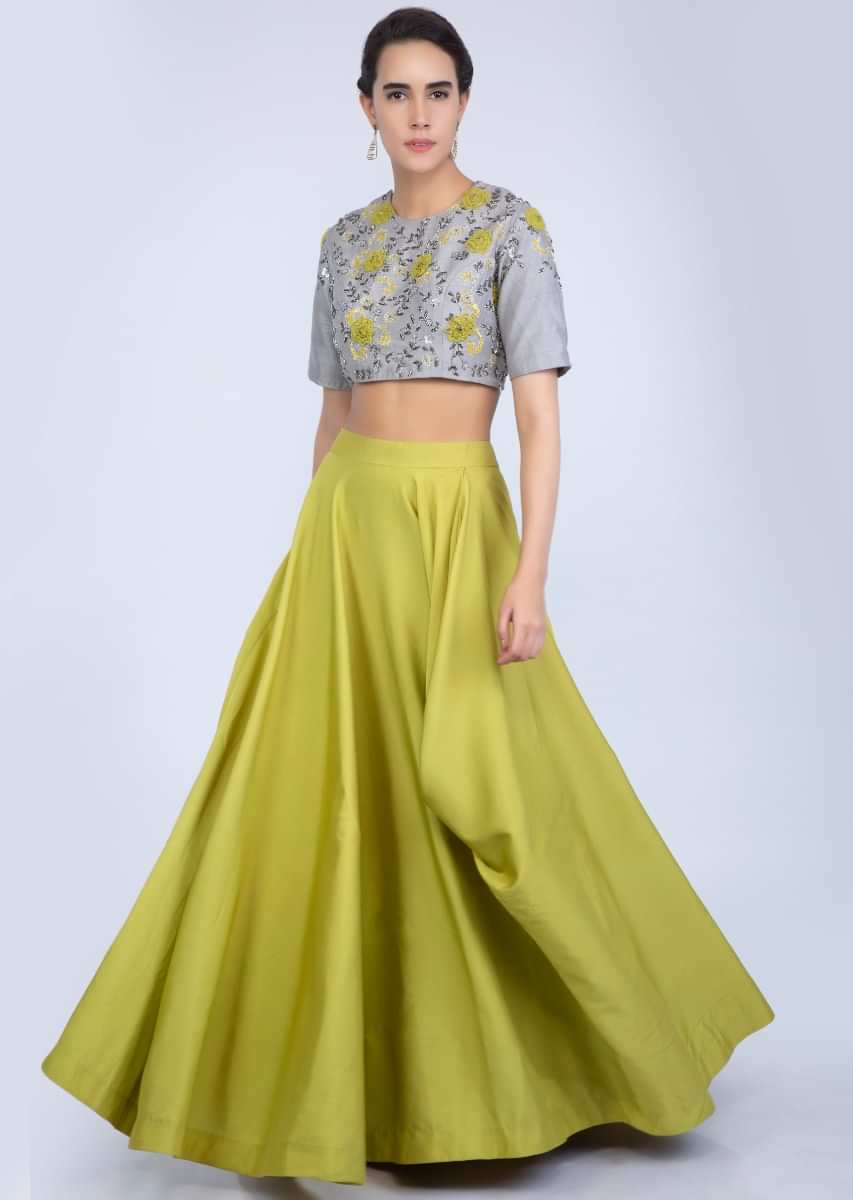 Buy Lime Green Skirt With Cowl Drape And Grey Raw Silk Embroidered Crop ...