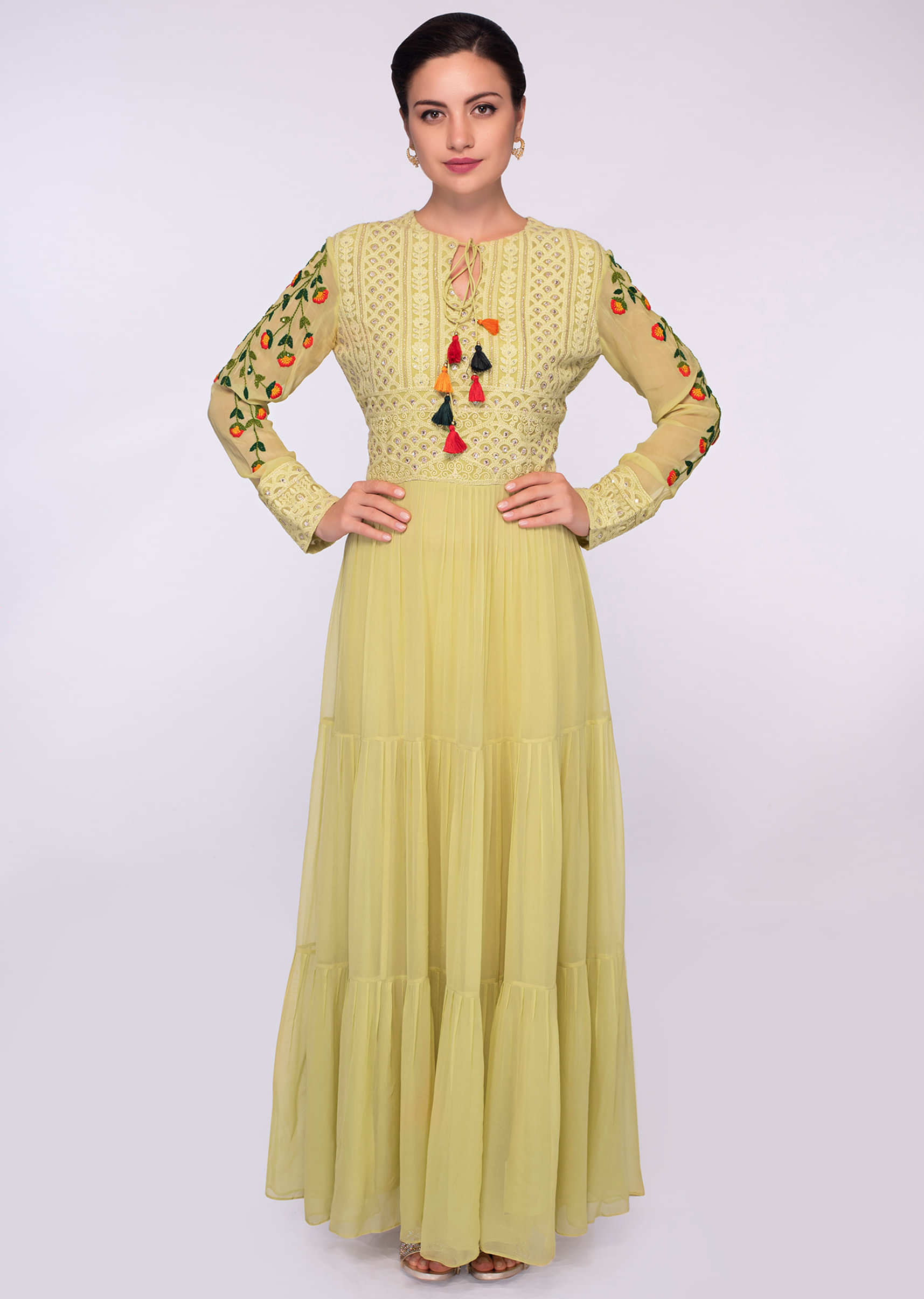 Lime green georgette suit with embroidered bodice 