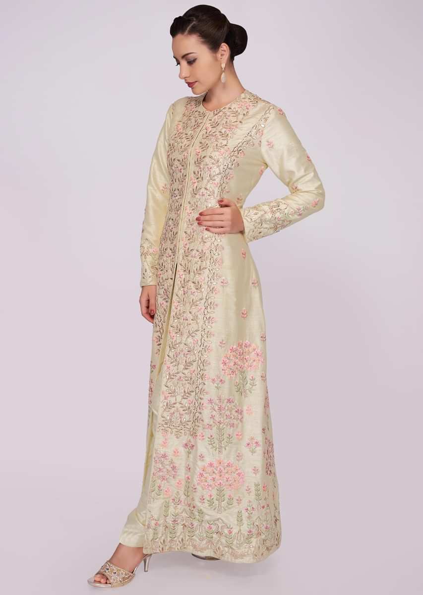 Lime green raw silk embroidered jacket suit with silk pants