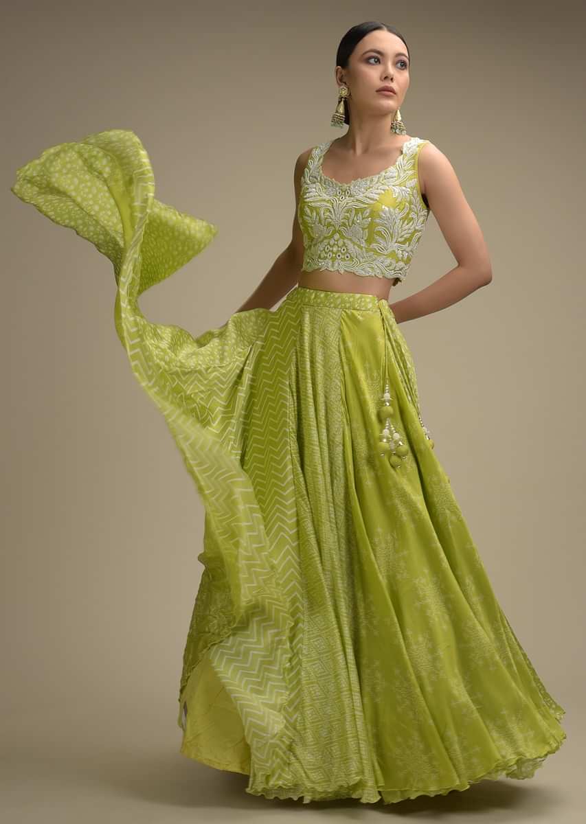 Lime Green Skirt In With Printed Kalis And Heavy Embellished Crop Top With Mirror And Cut Dana Work 