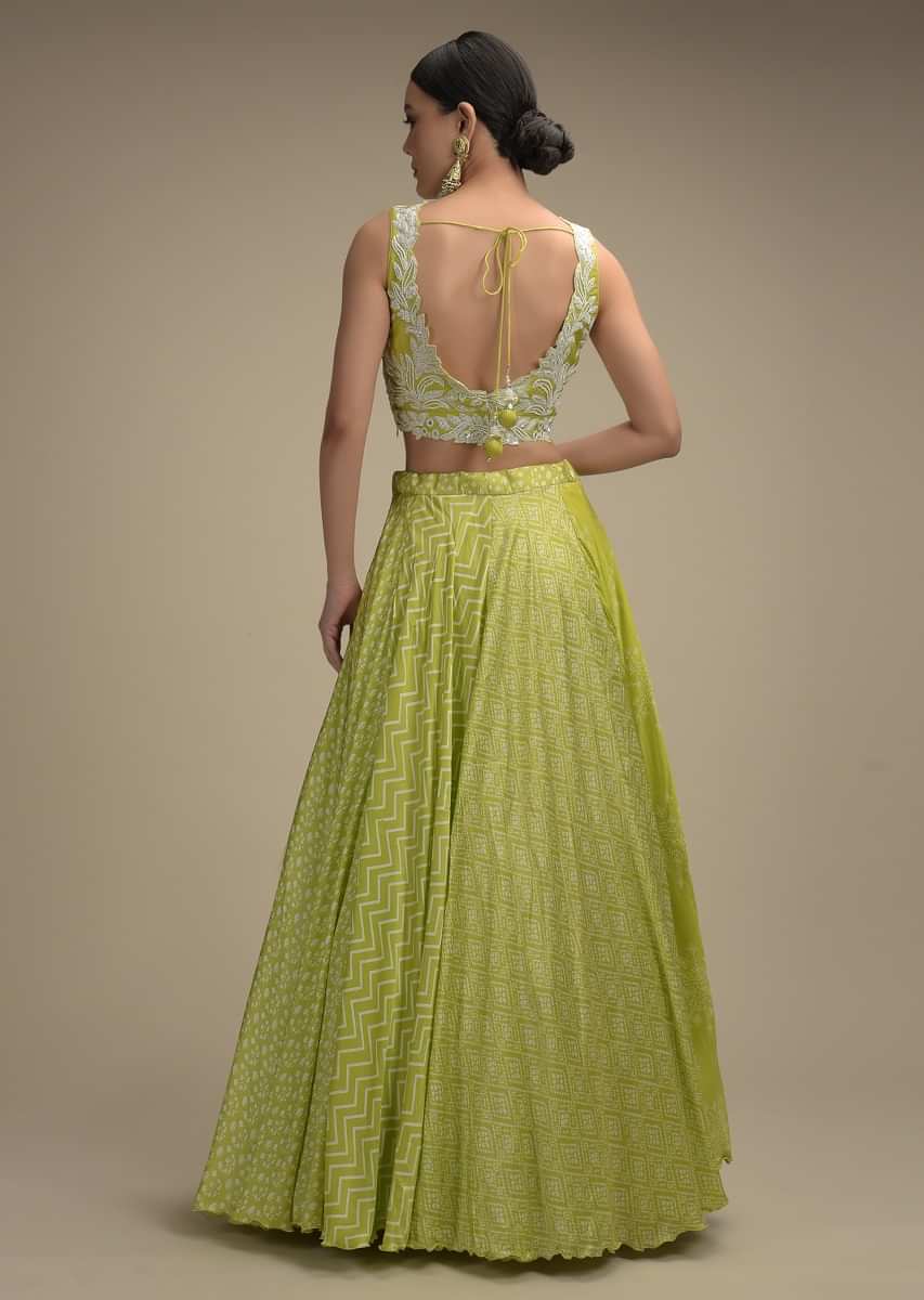 Lime Green Skirt In With Printed Kalis And Heavy Embellished Crop Top With Mirror And Cut Dana Work 