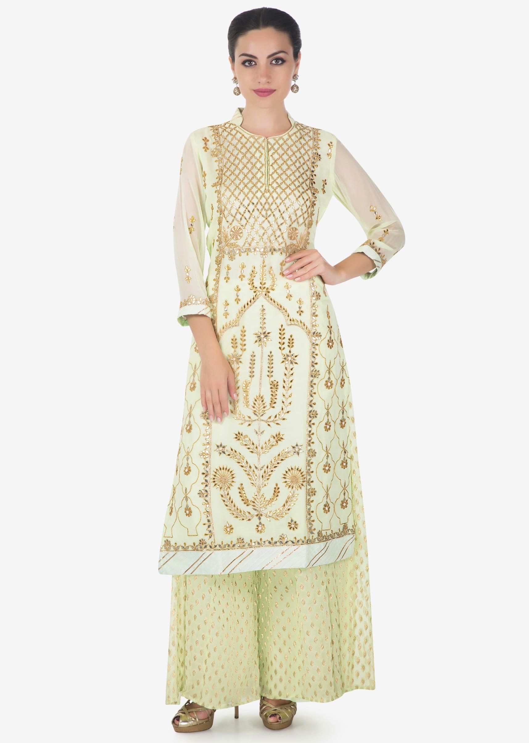 Lime Green Straight Palazzo Suit In Georgette Adorn In Gotta Patch, Zari And Moti Work Online - Kalki Fashion