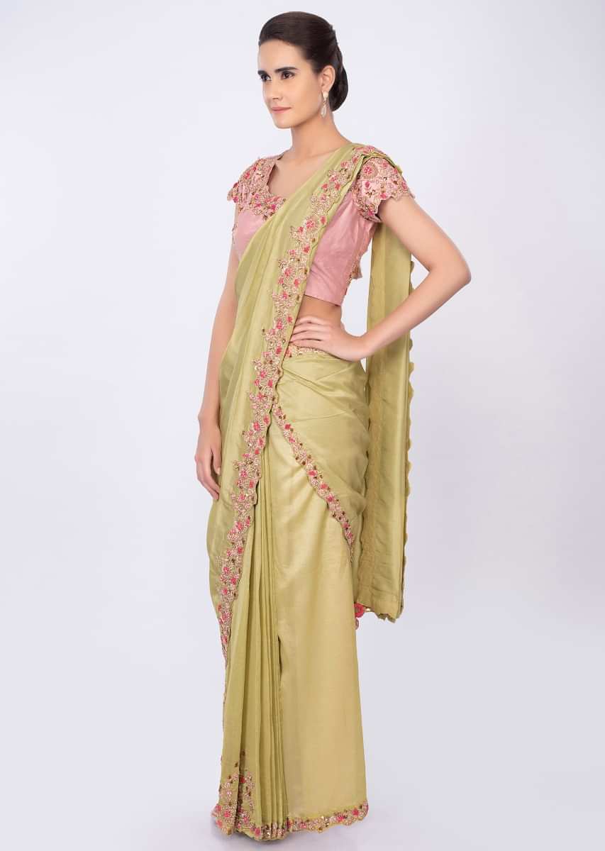 Lime green two piece saree with draped pleats and detached pallo only on kalki