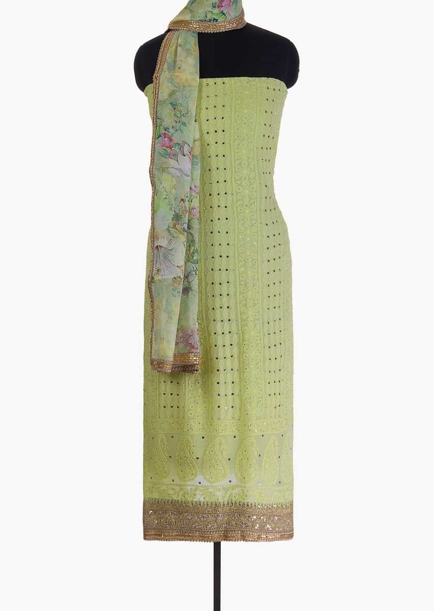 Lime green unstitched georgette suit in lucknowi thread embroidery