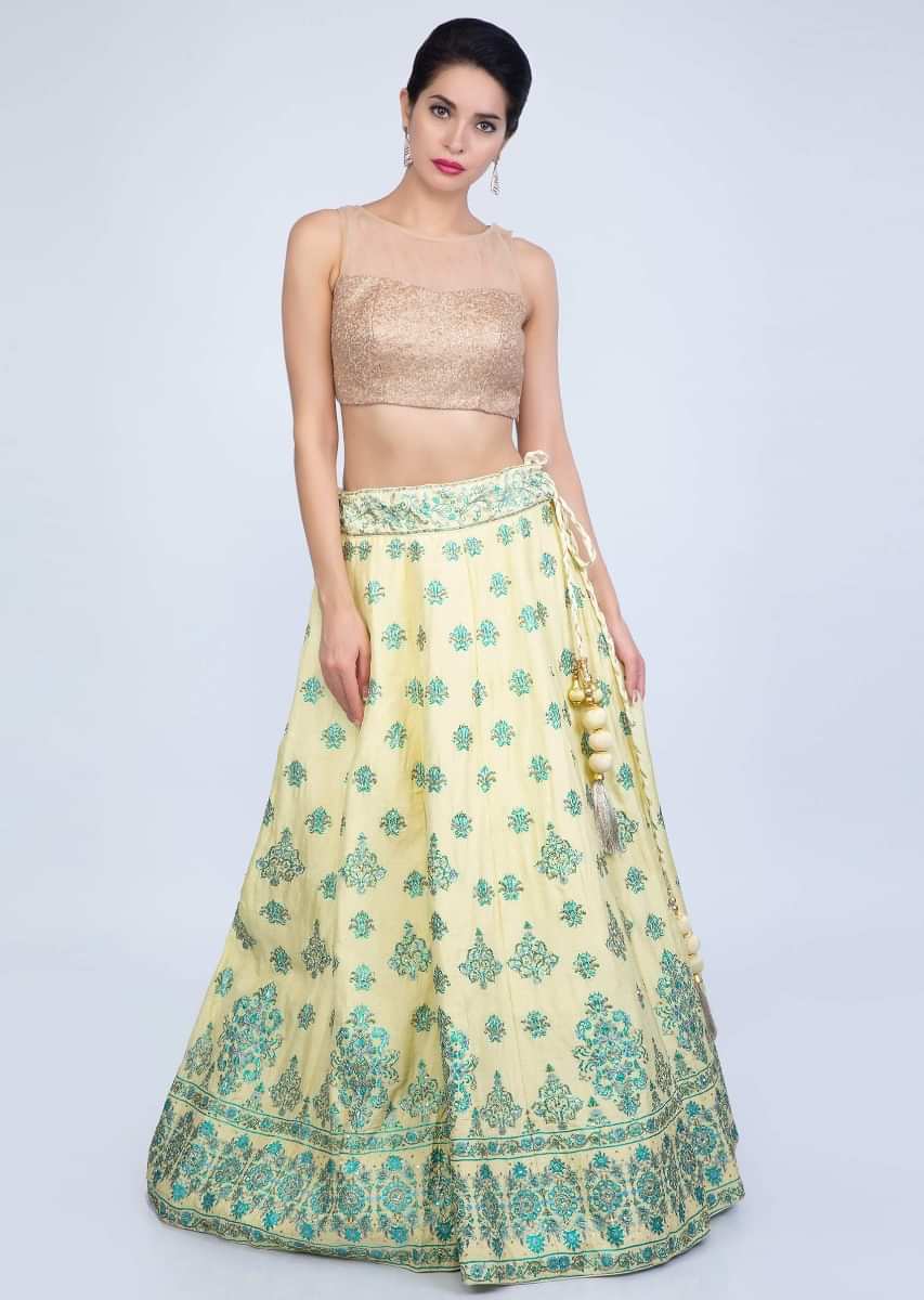 Lime yellow abstract print cotton silk lehenga with lime green net dupatta in butti and border only on Kalki