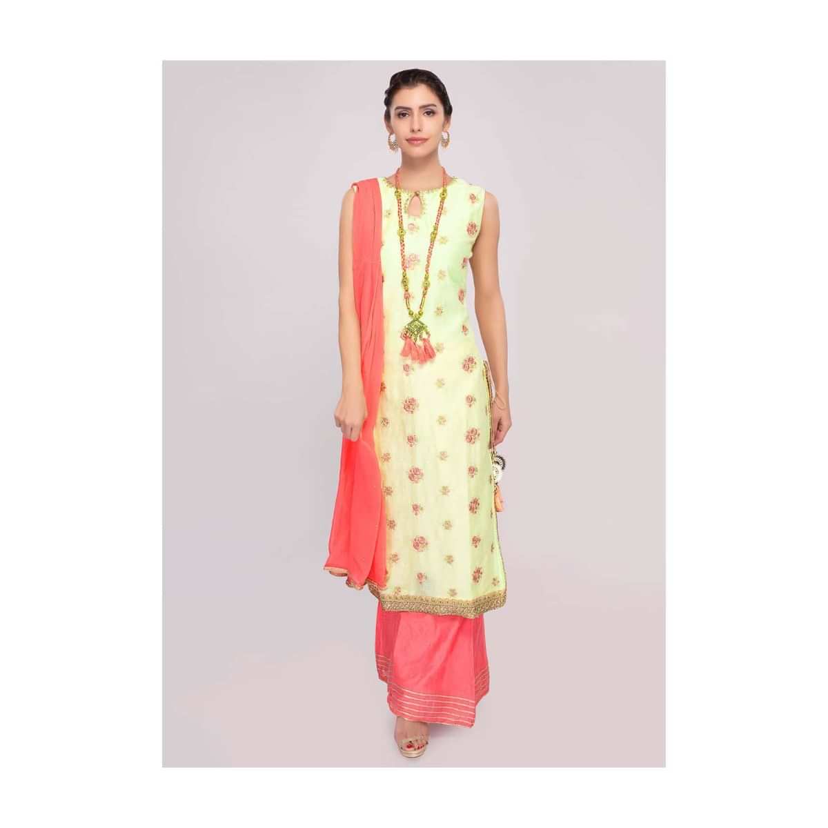 Lime yellow cotton suit paired with peach palazzo and shiffon dupatta only on Kalki